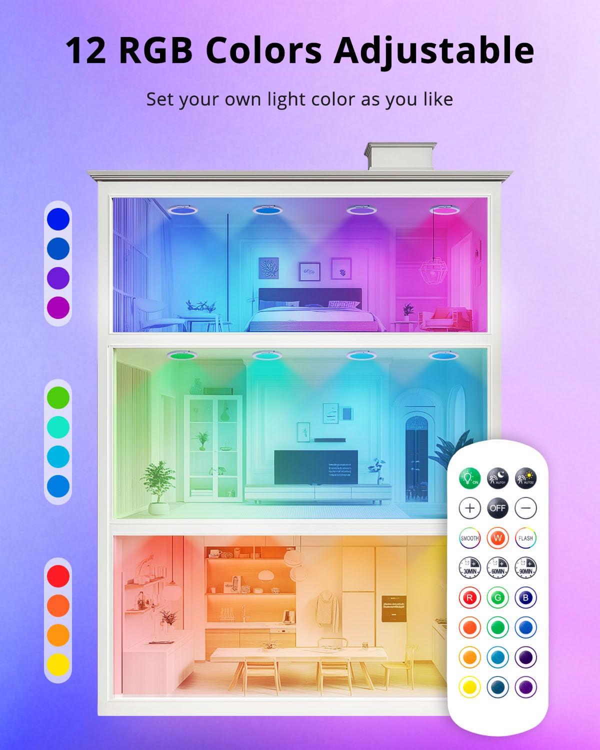 Wowatt 13 Colours Battery Operated Ceiling Light, Rechargeable Motion Sensor Light Indoor Wireless Shower Light With Remote, 7.4