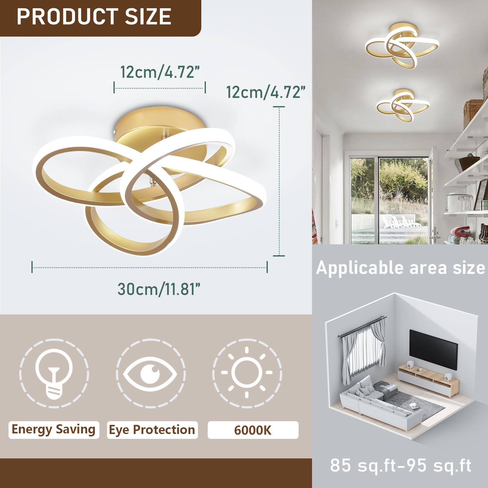 Caneoe Gold Led Hallway Light, 6000K Modern Led Ceiling Light Fixture, Small Close To Ceiling Light For Hallway Corridor Closet