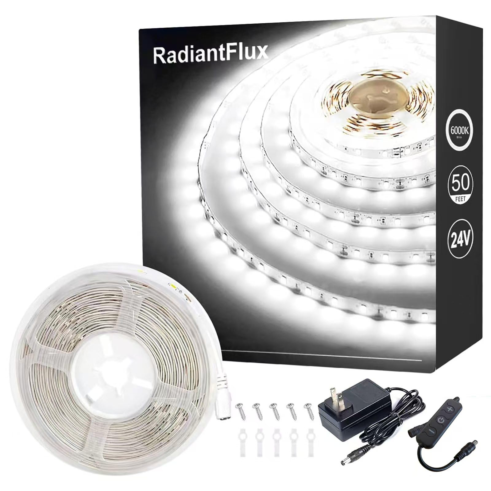 RadiantFlux White Led Strip Lights, Dimmable LED Lights Strip, 50Ft 900Leds, Super Bright LED Tape Lights for Living Room, Bedro