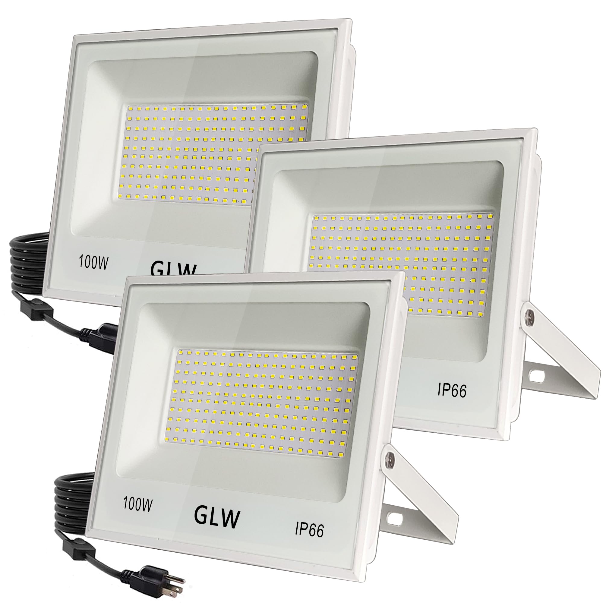 GLW 100W LED Flood Lights - 3 Pack, 10000LM, IP66 Waterproof, 6000K Daylight for Outdoor Use, Metal Construction
