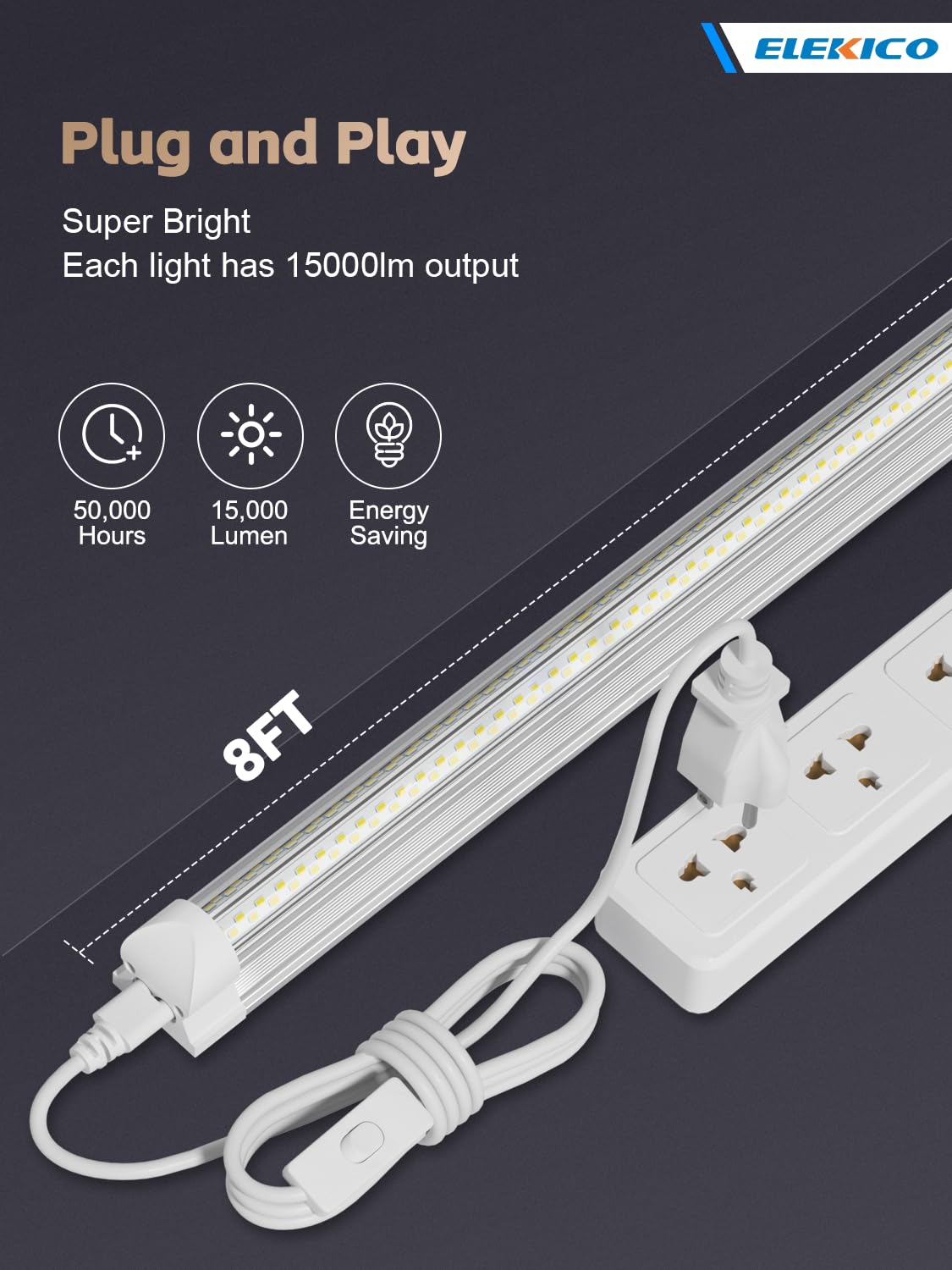 Elekico 12 Pack Super Bright 100W 8Ft Led Shop Light, 15000Lm 5000K V Shape 8' Led Shop Lights 8Ft, Linkable 96'' 8 Foot Shop Li