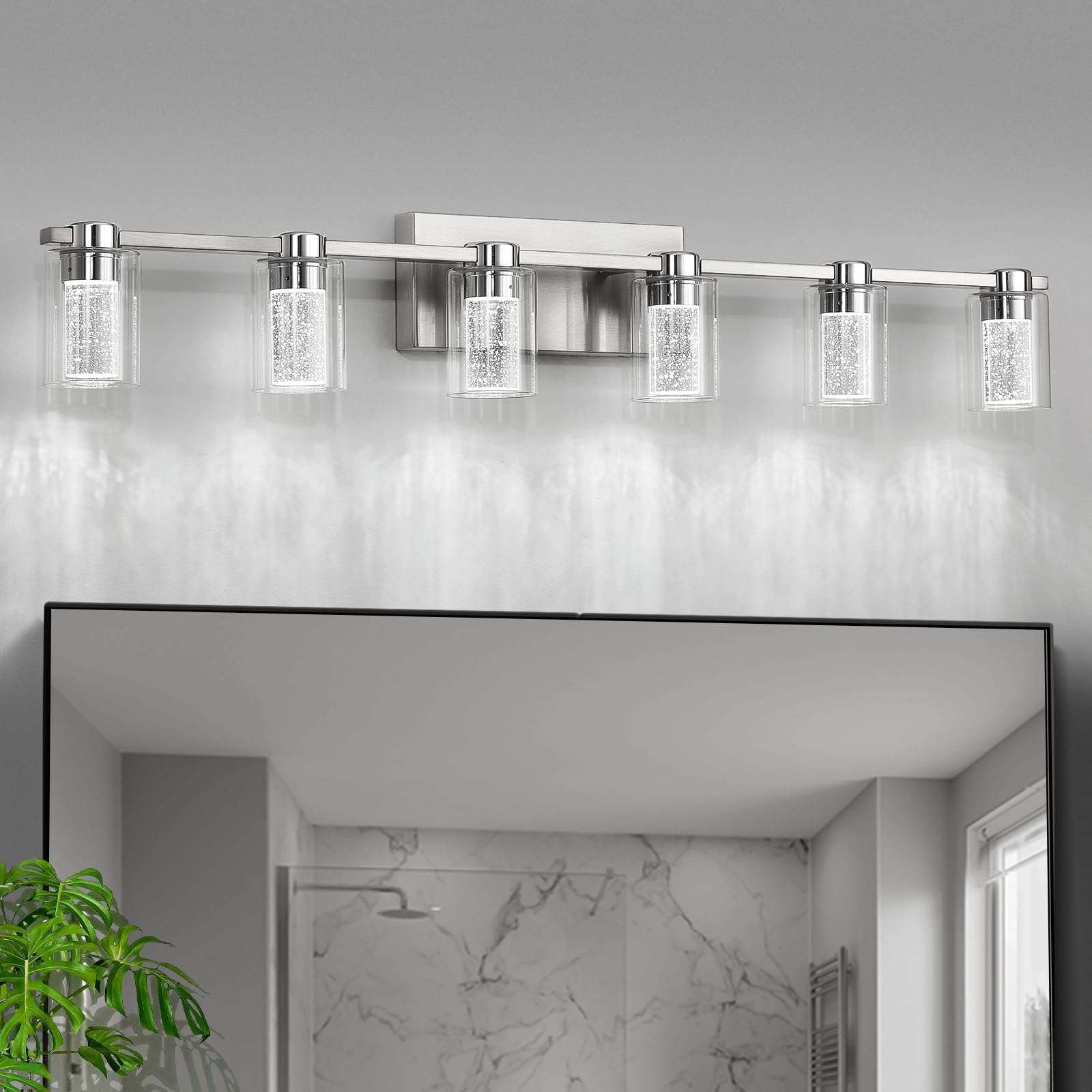 Zhizenl Bathroom Light Fixtures, 6 Light Brushed Nickel Vanity Lights, Dimmable Led Bathroom Vanity Light Over Mirror, Modern Crystal Vanity Lights For Bathroom Bedroom Hallway (Cool/Neutral/Warm)