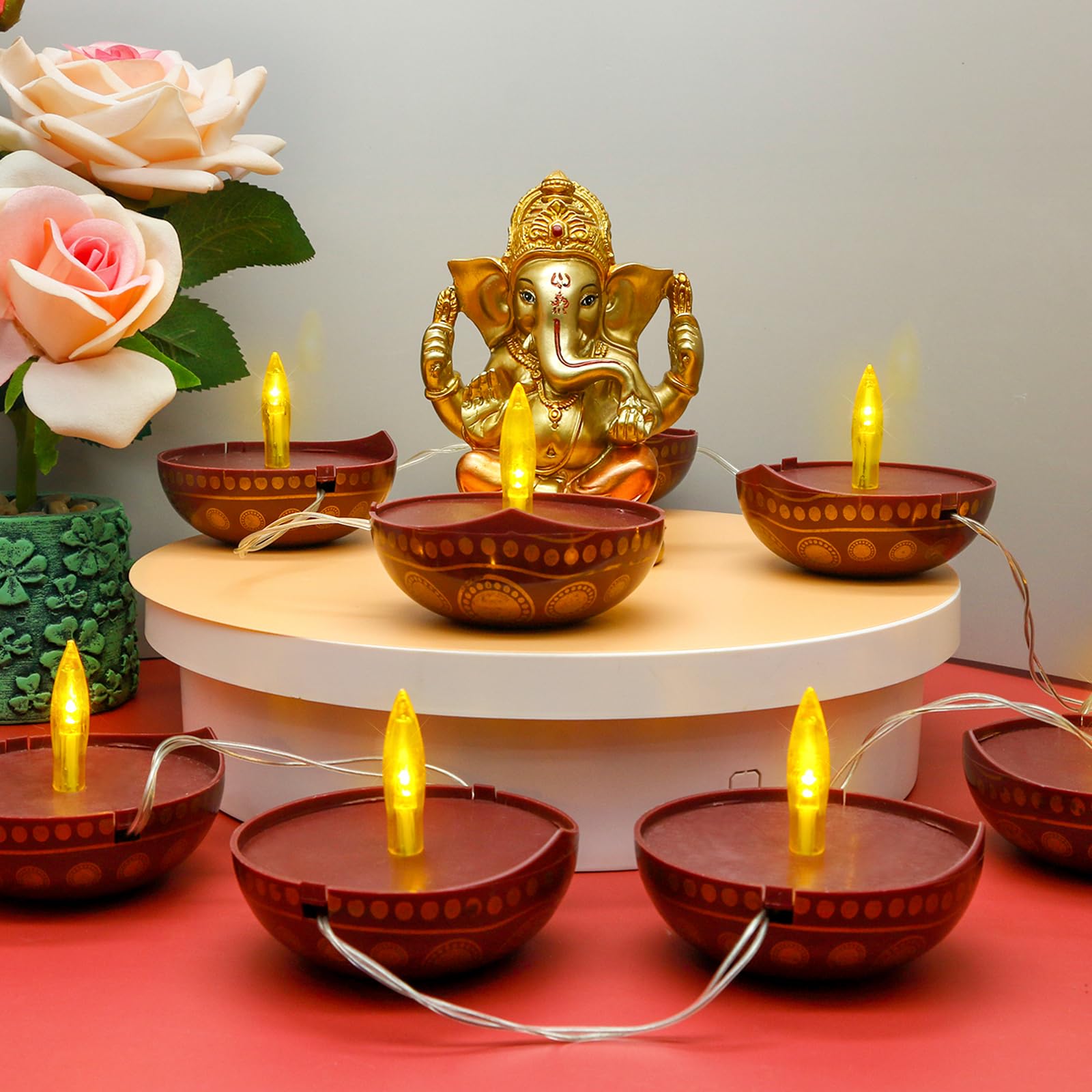 alikiki Diwali Diya String Lights - 10PCS LED Battery Operated Brown Decor for Home, Office, Mandir, Hindu Wedding, Deepawali Gifts