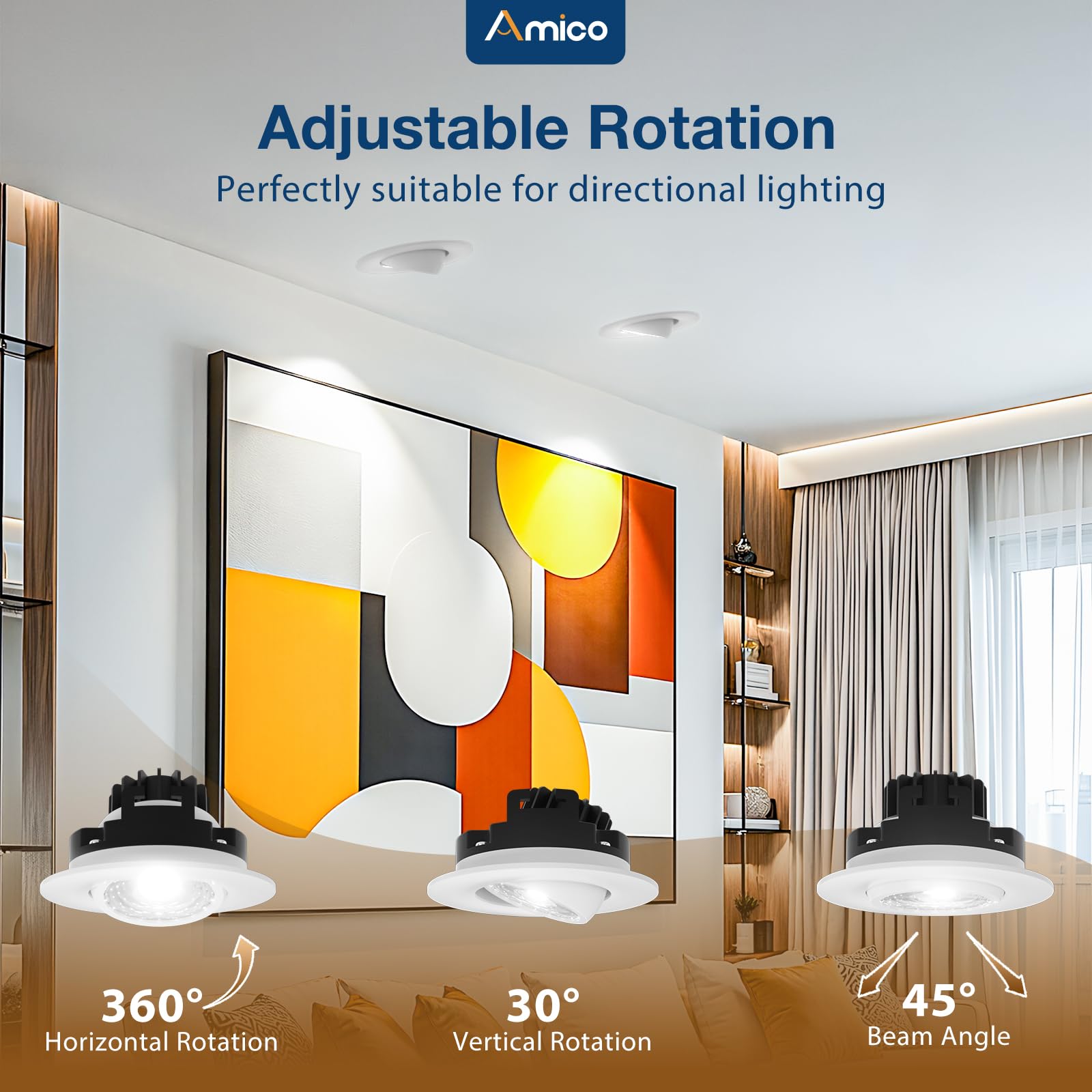 Amico 3 Inch 5CCT Eyeball LED Recessed Lighting, Dimmable 8W 600LM, White, Model 06002, 360° Adjustable, ET