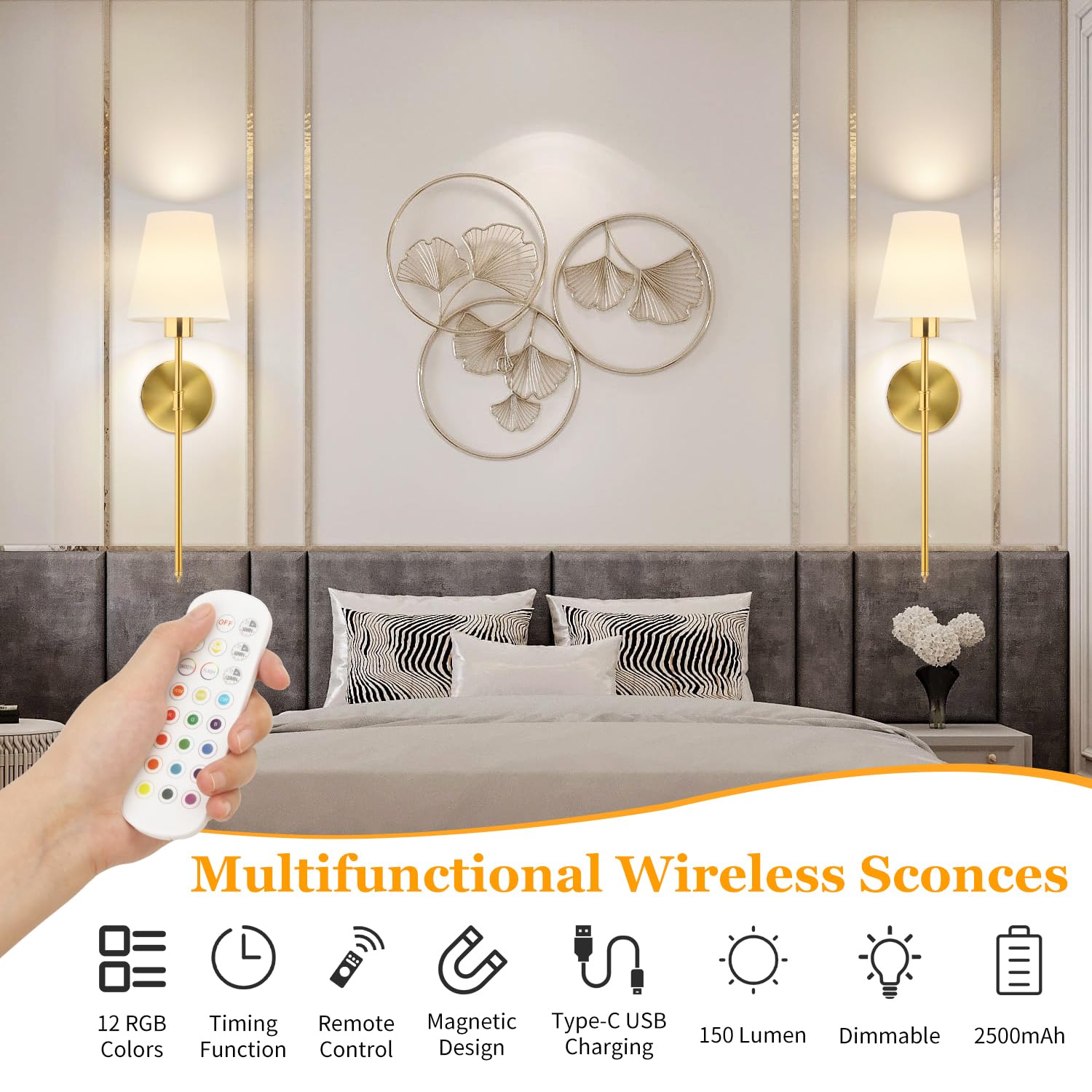 Tislyco Battery Operated Wall Sconces Set Of 2, Gold Rechargeable Wall Lamps With 2500Mah Magnet Detachable Dimmable Remote Bulb