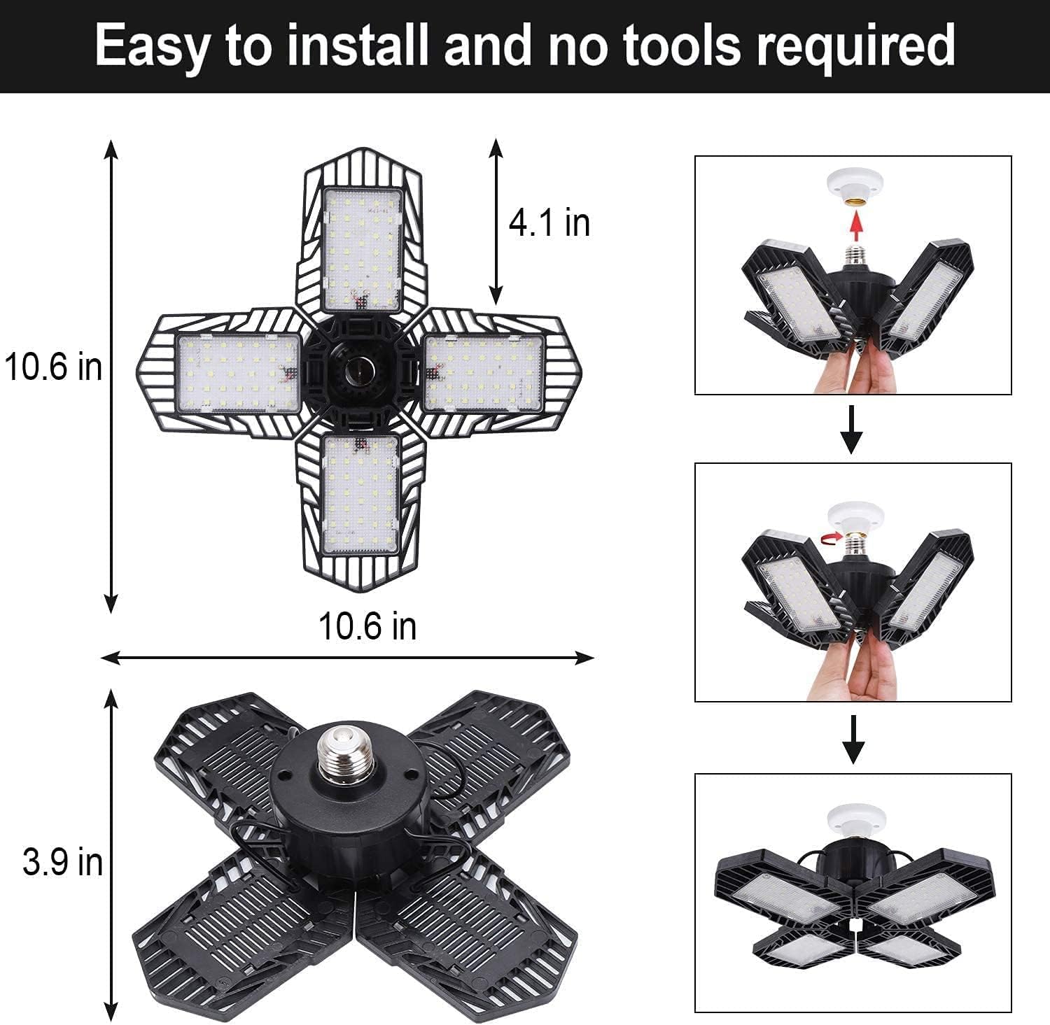 GMximo 4Pack LED Garage Lights 100W Deformable 10000lm E26 6000K with 4 Adjustable Panels