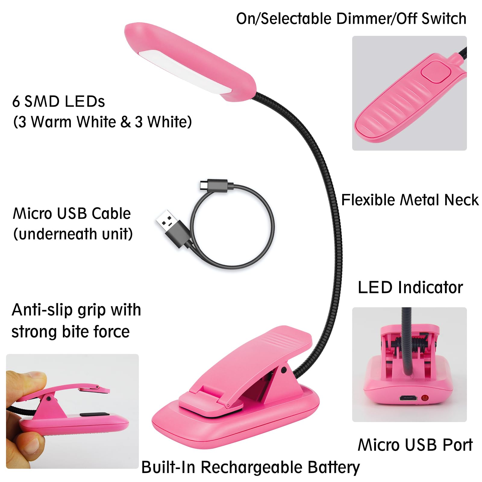 BIGMONAT Rechargeable Book Light, 360° Adjustable, Eye Care Desk Lamp, 1Pack, Pink, Model B94YW-1
