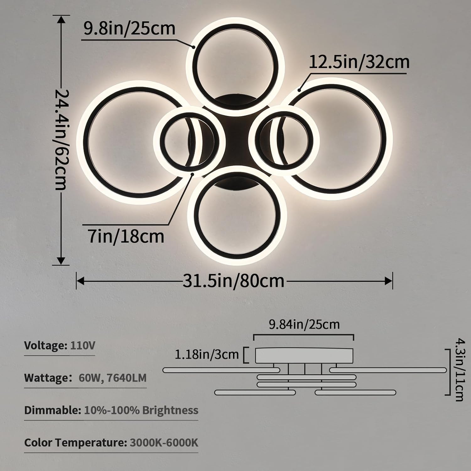 Shine Luest 6 Rings Black Modern Led Ceiling Light Fixture, Flush Mount Ceiling Light With Remote Dimmable Brightness, Adjustabl