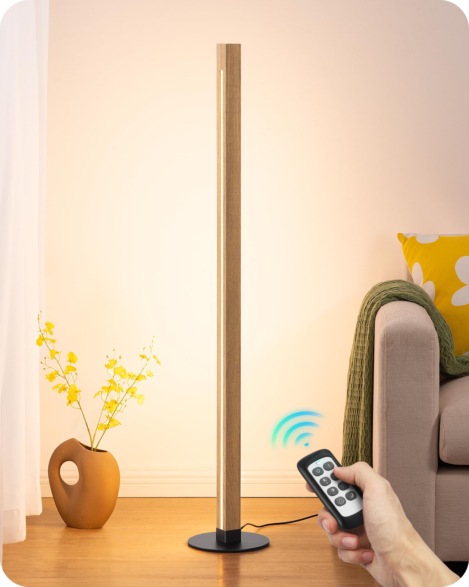 EDISHINE Corner Floor Lamp, Dual-Sided Lighting, Wooden, Dimmable, Remote/Foot Control, Model HLFL12C1, Natural Wood