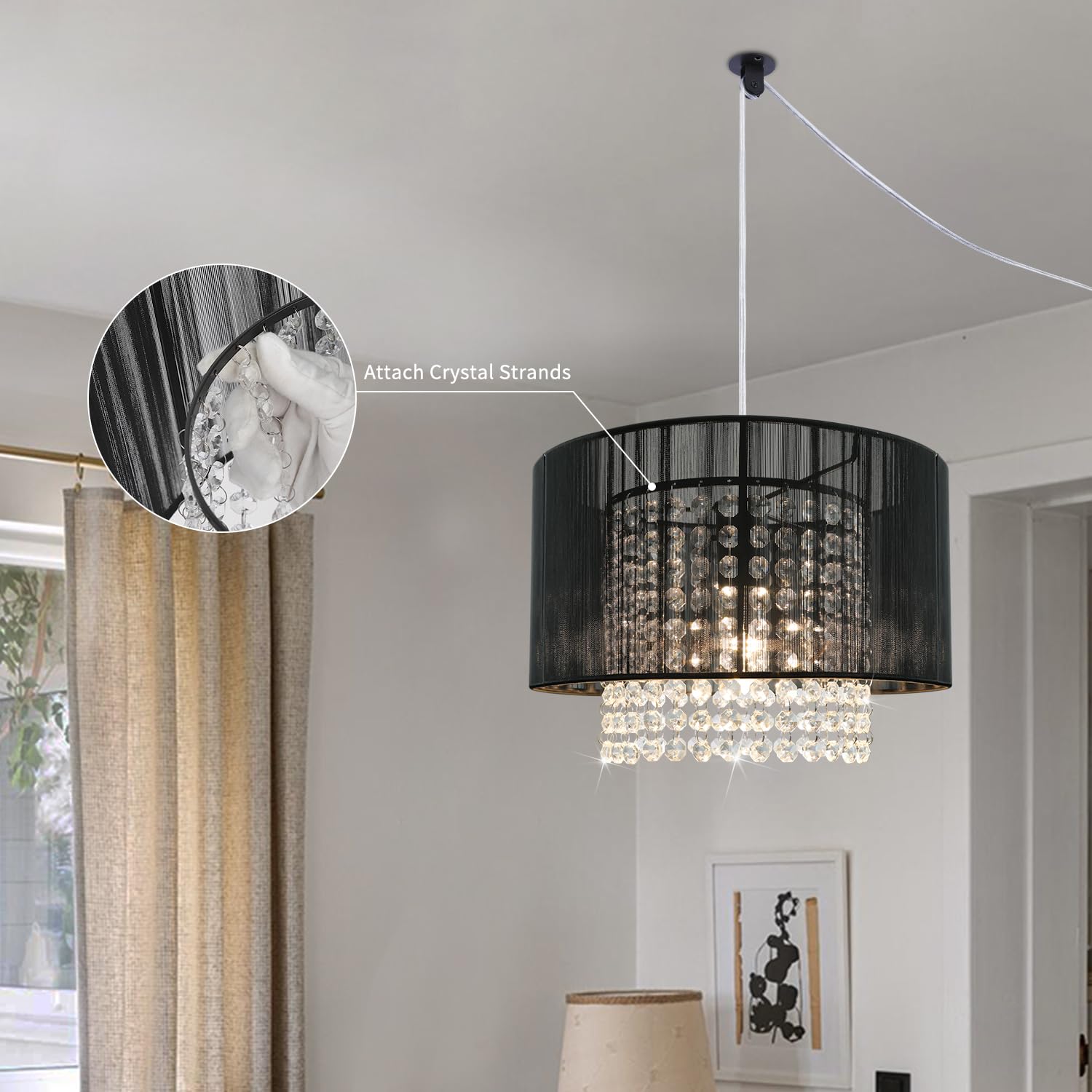 TISLYCO Plug-in Chandelier, 15ft Cord Crystal Pendant Light, Black, Perfect for Bedroom or Living Room