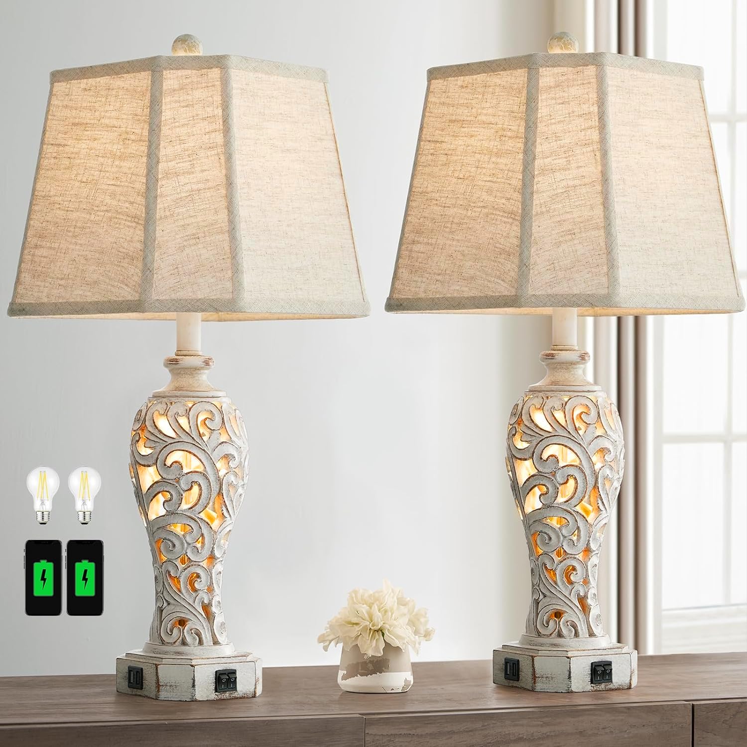 Reyokale Set of 2 Rustic Table Lamps, Wash White Resin, Vintage Design with 2 USB Ports, Model FBA-8916, Bulbs Included