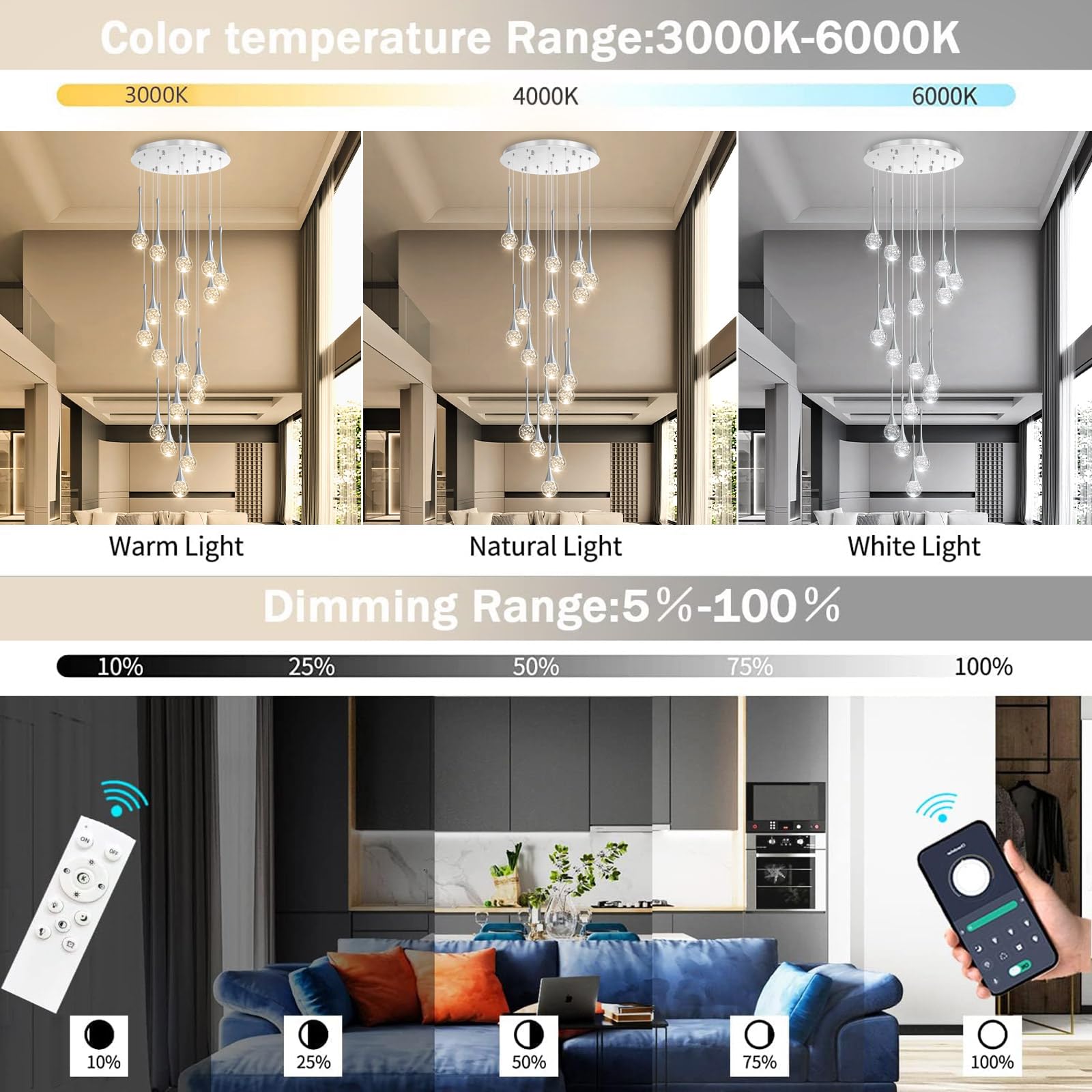18 Light Modern Glam Crystal Chandelier For High Ceiling Led Dimmable Ceiling Pendant Light Staircase Foyer Enterway Living Room