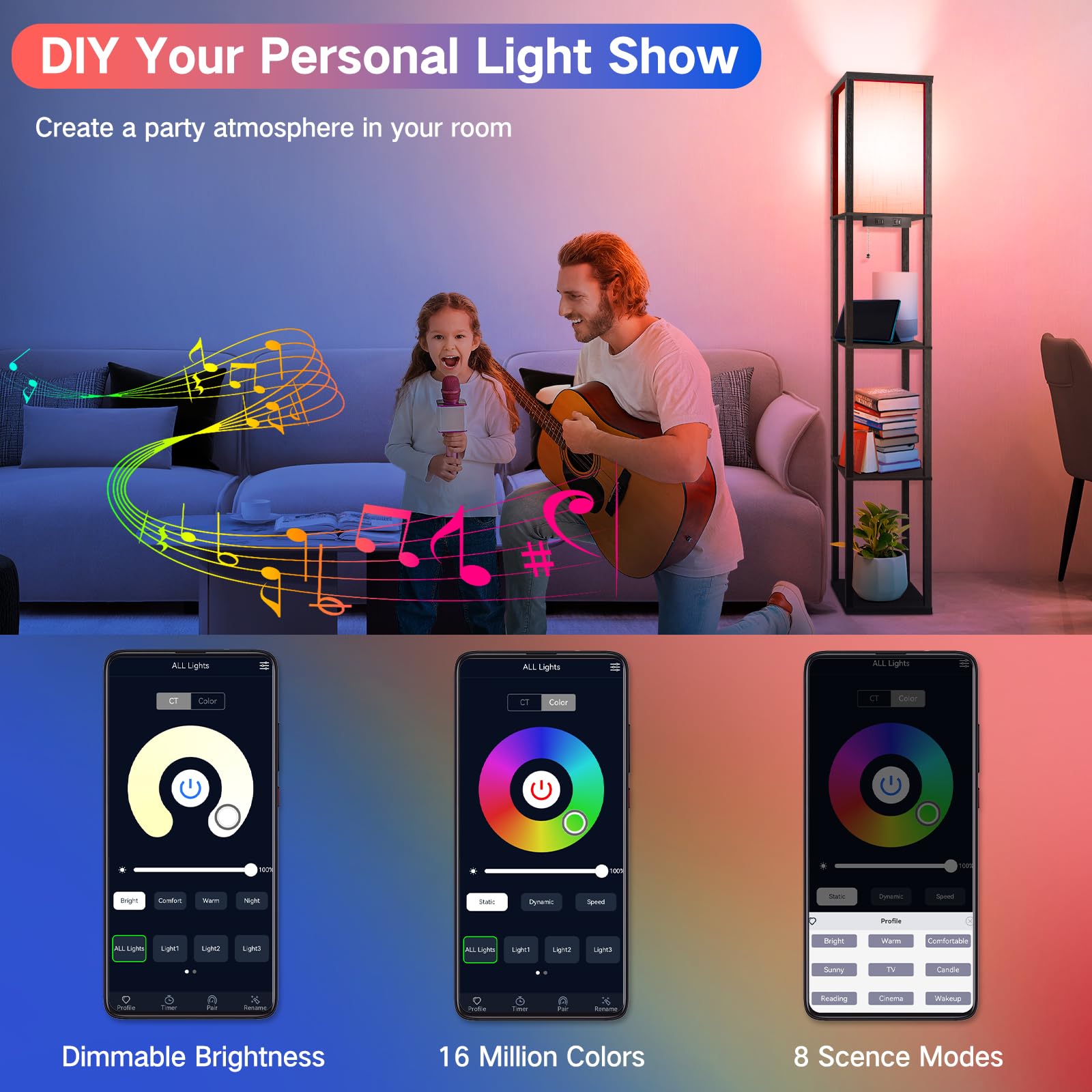 Outon Floor Lamp With Shelves, Led Dimmable Floor Lamp With Remote & App Control, Charging Station, Color Changing, Wood Column