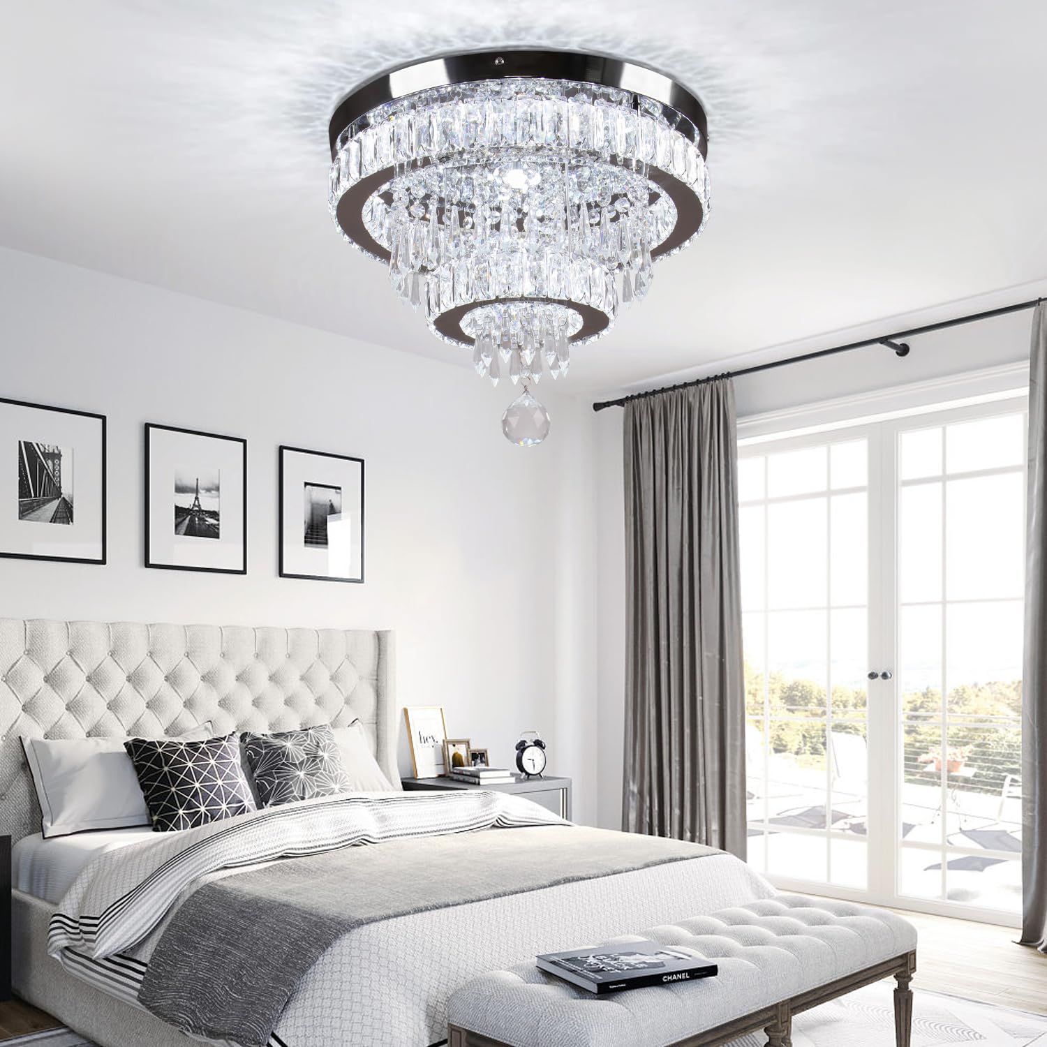 Finktonglan 16&quot; Crystal Chandelier, Led Semi Flush Mount Ceiling Light For Bedrooms & Dining Room