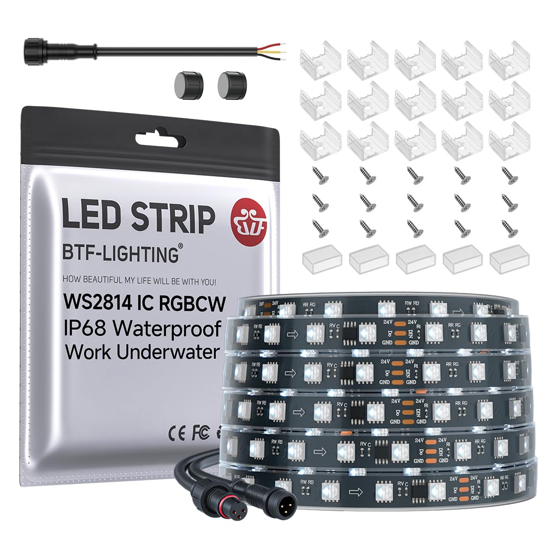 Btf-Lighting Ip68 Waterproof Outdoor Ws2814 Rgbw Ic Led Strip Rgb+Cool White(6000K)Addressable Dream Color 5050Smd Light Dc24V 16.4Ft 60Leds/M 10Pixels/M Can Work Under Water(No Adapter Or Controller)