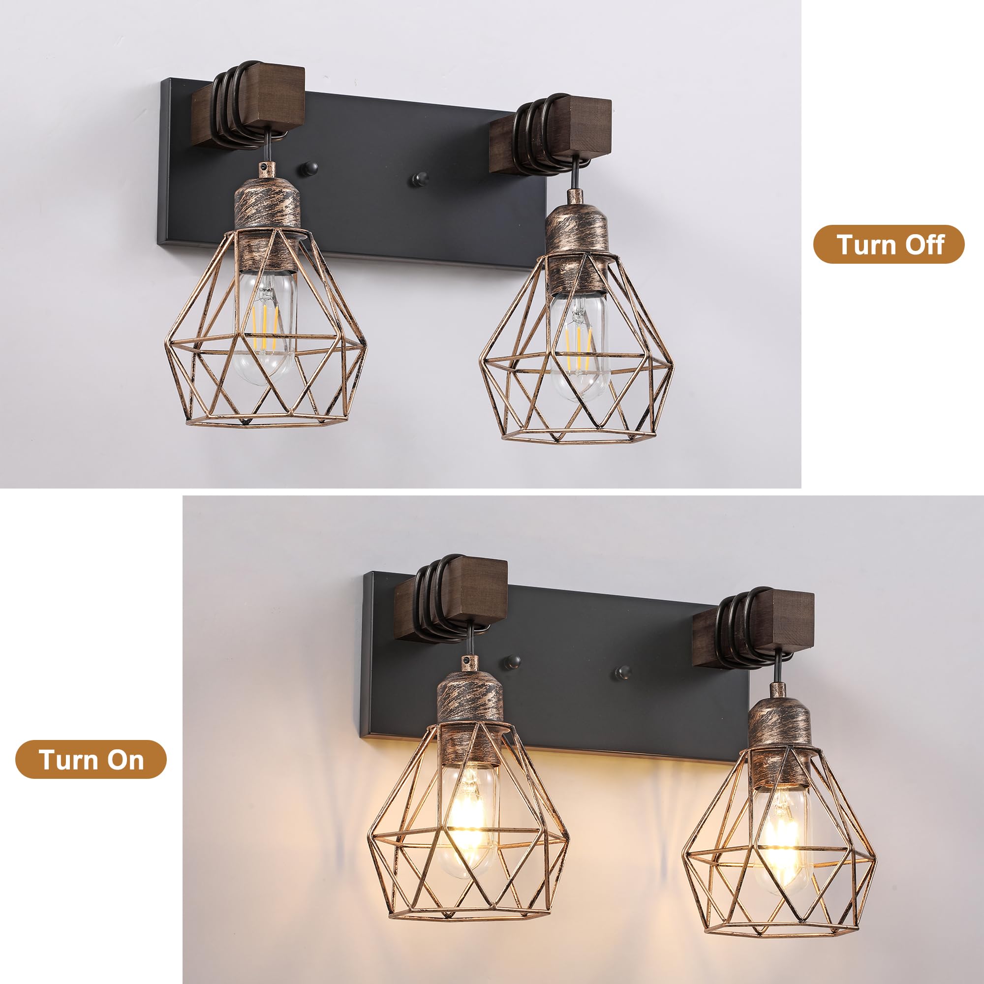 Farmhouse Bathroom Vanity Light Fixtures  2-Light Wood Bathroom Light Fixtures Over Mirror  Rustic Sconces Wall Lighting With Elegant Metal Lampshade For Living Room  Bedroom  Hallway