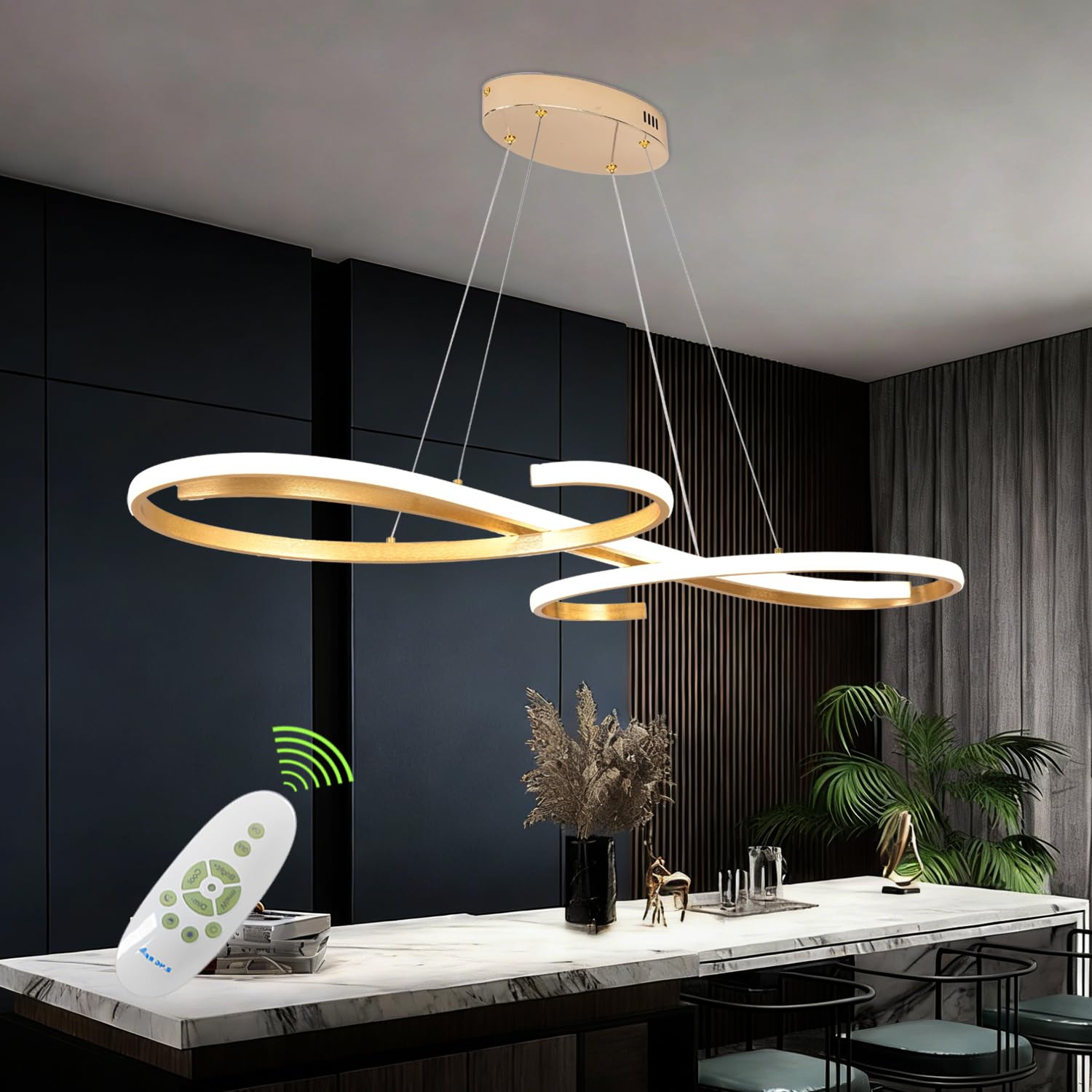 Guang Shuo Gold LED Chandelier, Dimmable Modern Pendant Light with Remote - Contemporary Ceiling Light Fixture for Dining Room, 