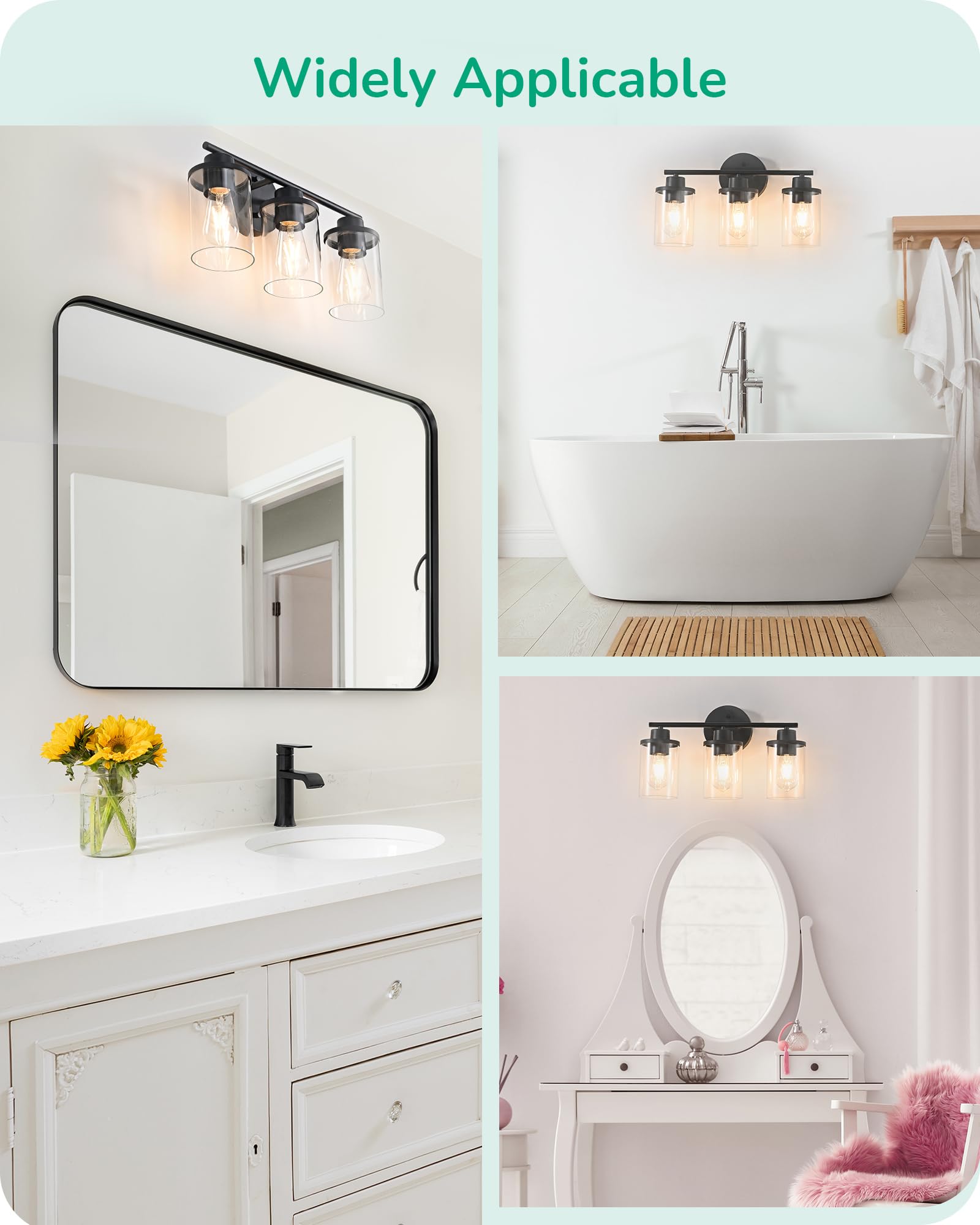 EDISHINE 3 Light Bathroom Vanity Light Fixtures, Matte Black Glass Shade, Model HHVL06C