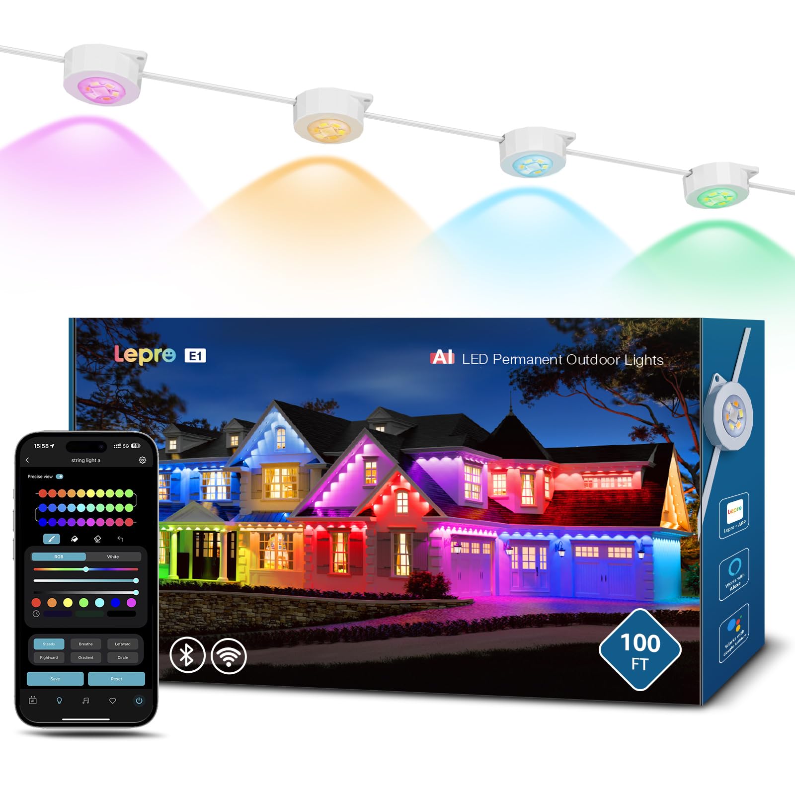 Lepro E1 Ai Permanent Outdoor Lights App Control, 100Ft Smart Rgb+Ic Christmas House Lights With 60 Warm/Cool White Led Pucks, A