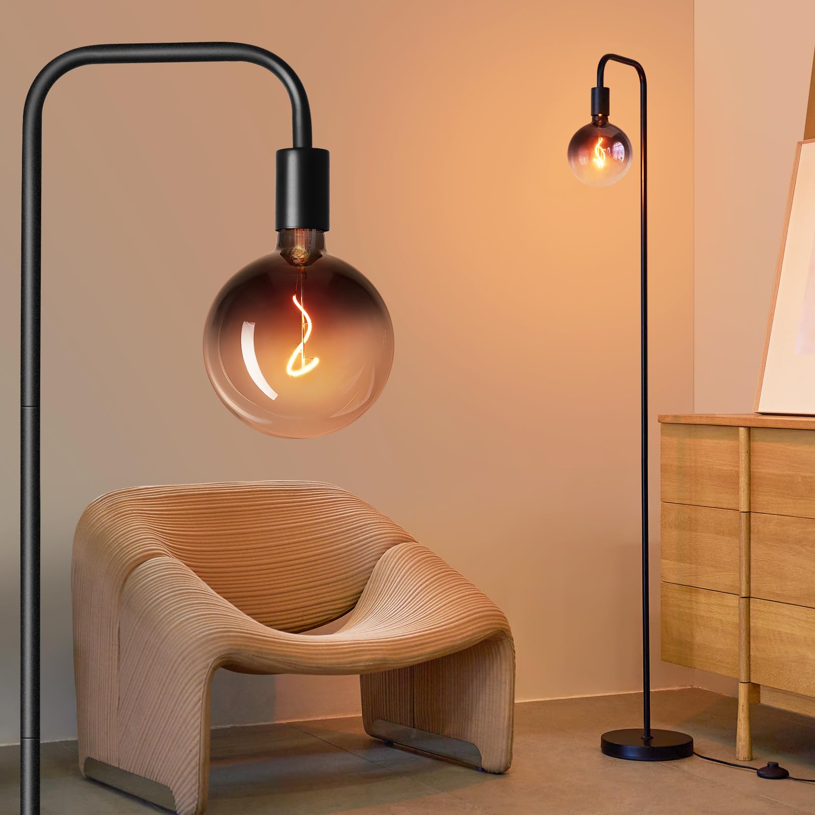 ONEWISH Floor Lamp for Living Room - Minimalist Industrial Standing Lamp with Modern LED Bulb, Globe Black Clear Glass 6'', 1800