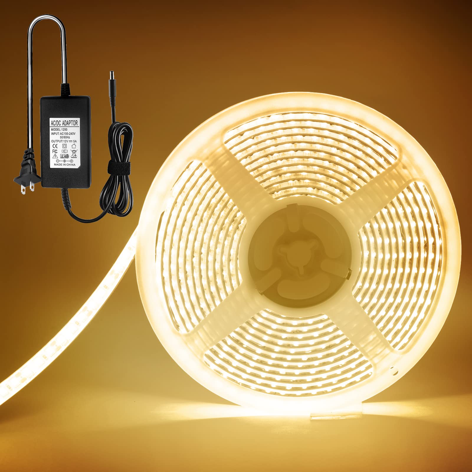 YM E-Bright Flexible LED Strip Lights, Waterproof IP68, 5M, 600 SMD, Warm White, Includes 5A Power Adapter