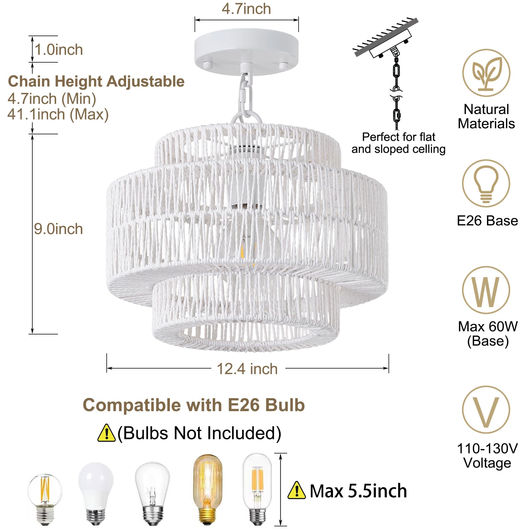 Giutna 12.4'' Large Boho Rattan Farmhouse Chandeliers For Dining Room, Rattan Hand-Woven Rustic Drum Chandelier Pendant Light Fi