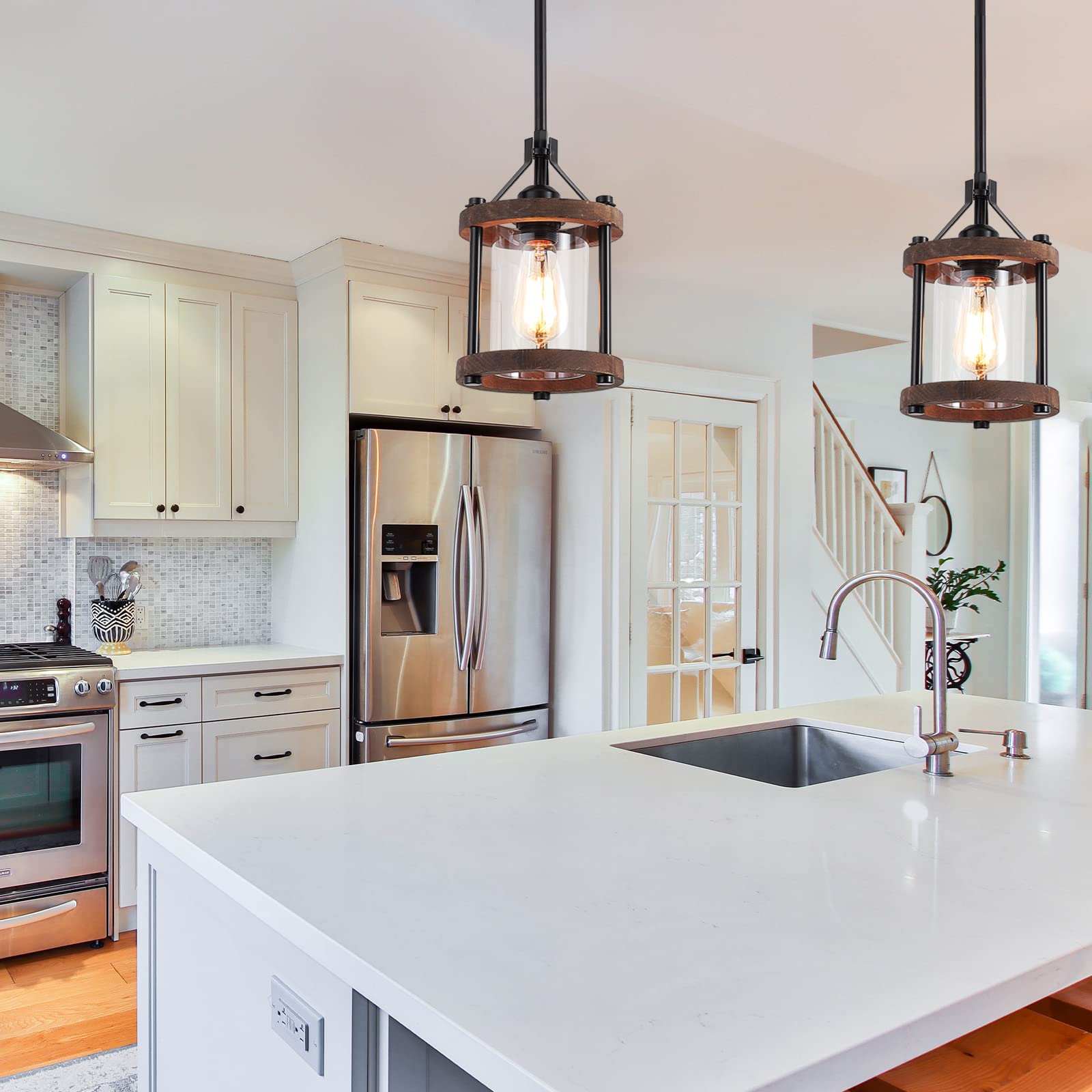 Sglfarmty Farmhouse Pendent Lights In Kitchen Island, Rustic Wood Pendant Light With Glass Shade, Bronze Entryway Pendant Lighti