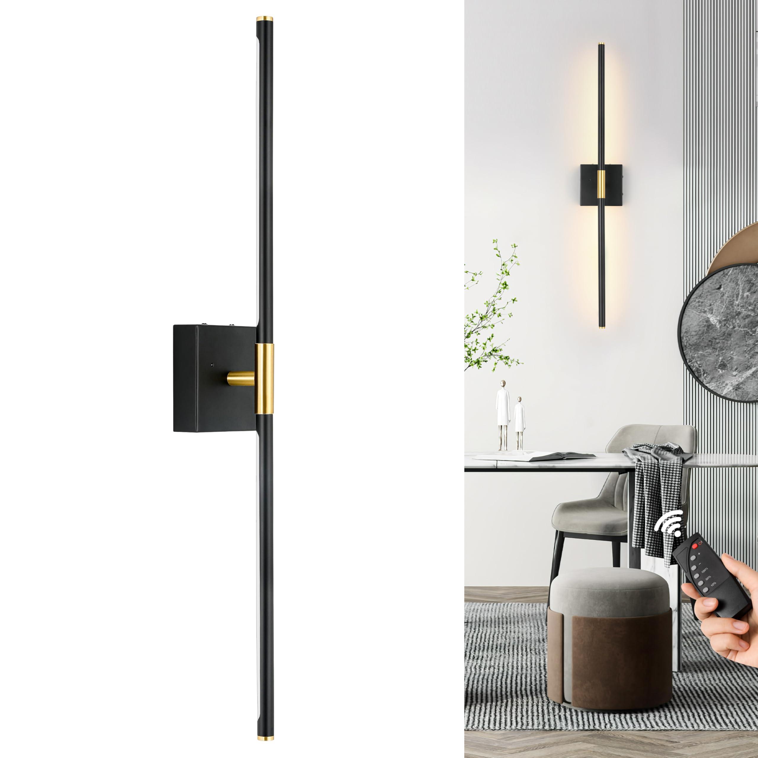 Morauroral Battery Operated Wall Sconce Single, Black Gold Rechargeable Wall Sconce With Remote, Dimmable Sconce Wall Light, 24