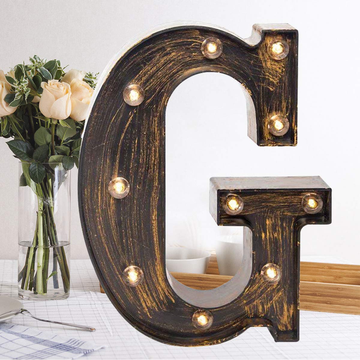OYCBUZO Golden Black Led Marquee Letter - Industrial, Vintage Style Light Up Alphabet Letter Sign for Cafe Wedding Birthday Party Christmas Lamp Home Bar Initials Decor - G