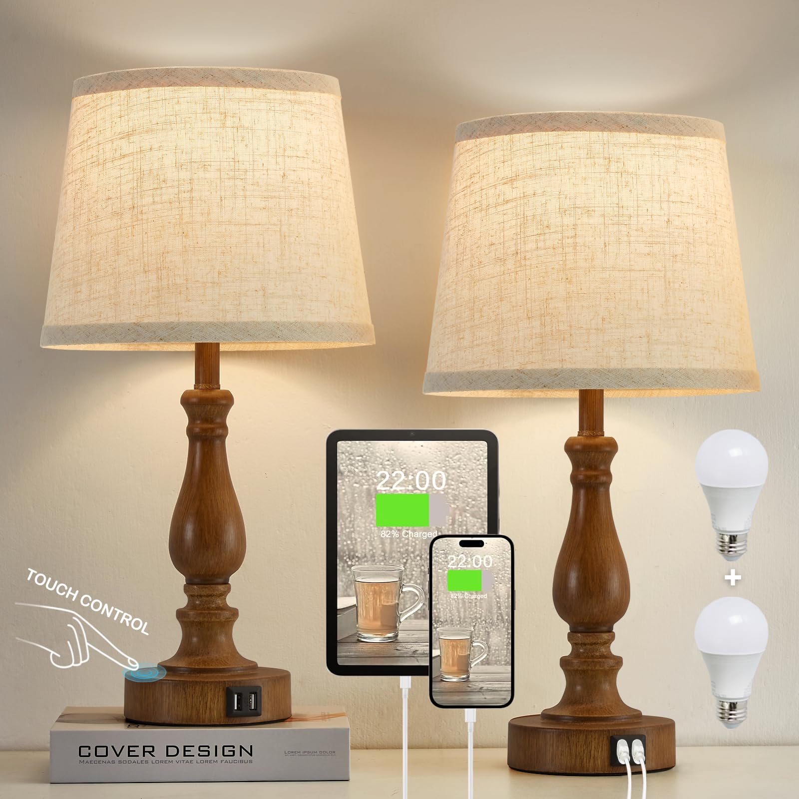 EJIAXIN Classical Table Lamps for Bedrooms Set of 2 - Touch Bedside Lamps with Dual USB Ports, 3 Way Dimmable Nightstand Lamps f