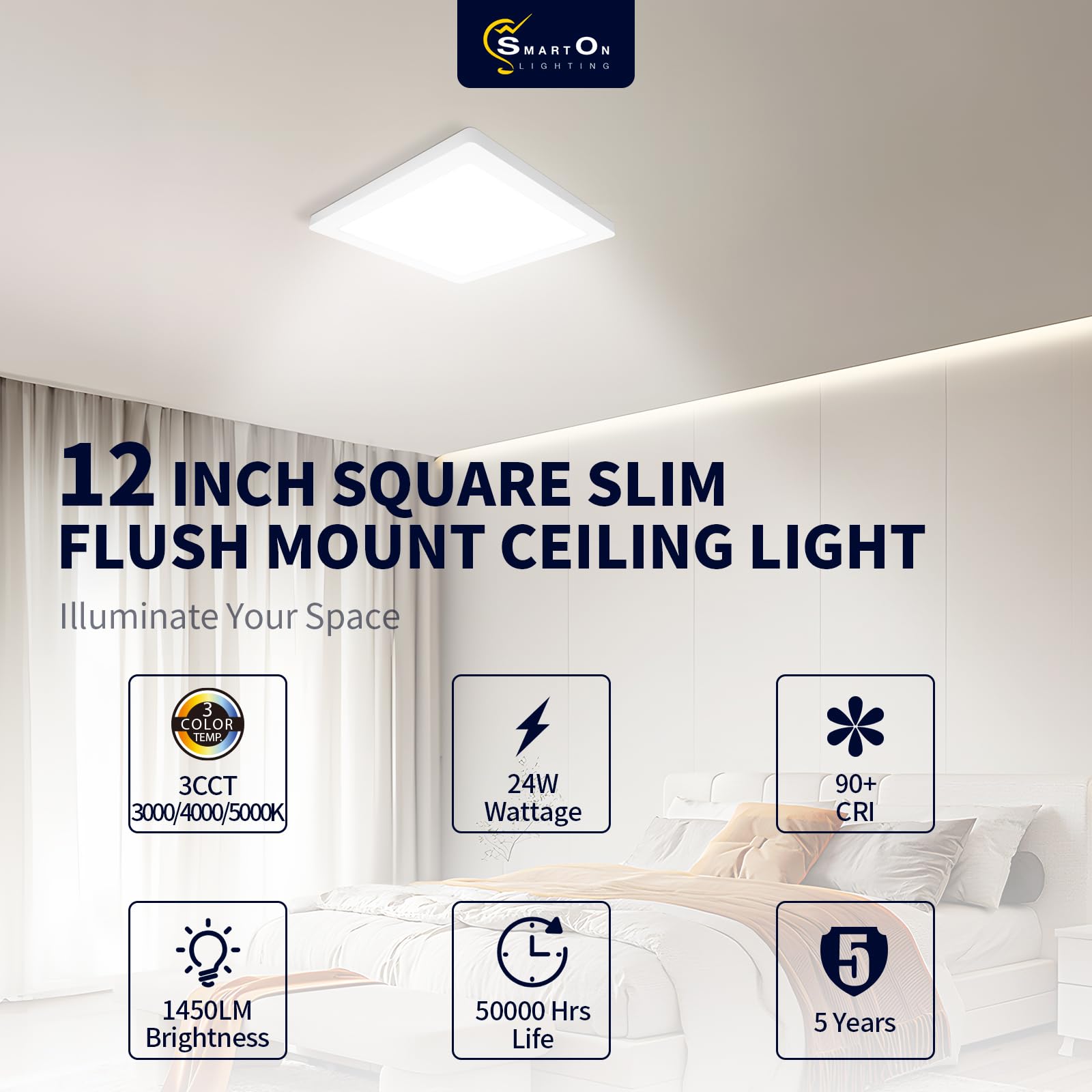 Mw 2 Pack 12 Inch Square Ceiling Light, 24W 120V, 3000K/4000K/5000K Adjustable, Dimmable Slim Led Ceiling Light, Close To Ceilin