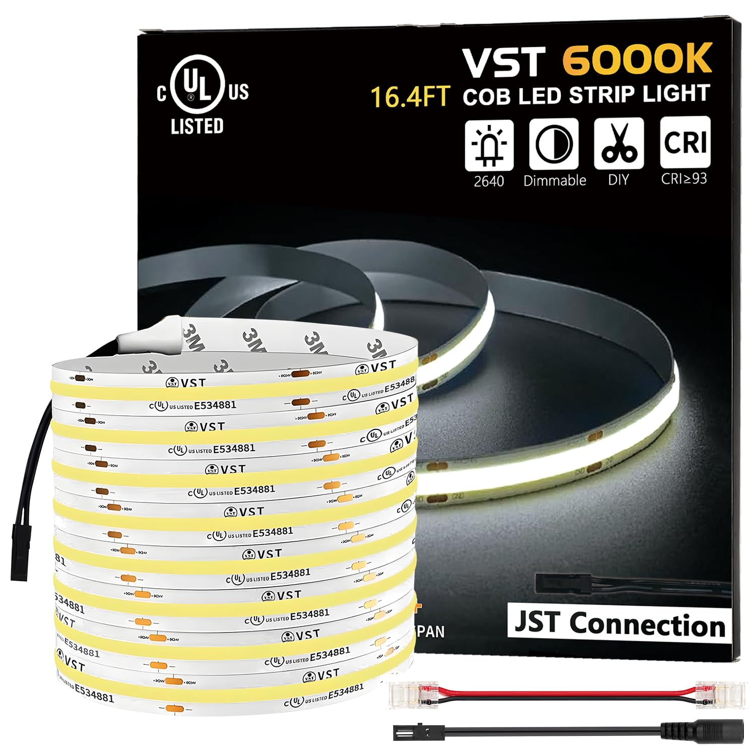 Vst 16.4Ft Cob Led Strip Lights Cool White 6000K  24V Dimmable Led Tape Light  48W  2640 Leds  Ra 93+  Ip30  Lighting For Kitchen  Cabinets  Ul Listed (Power Source Not Included)