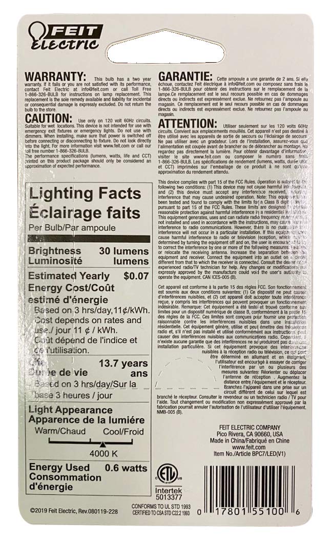 Feit Electric Bpc7/Led 0.6 Watt Non Dimmable C7 Candelabra Base, Clear, Led Night Light Bulb, 2-Bulb, 4000K Cool White