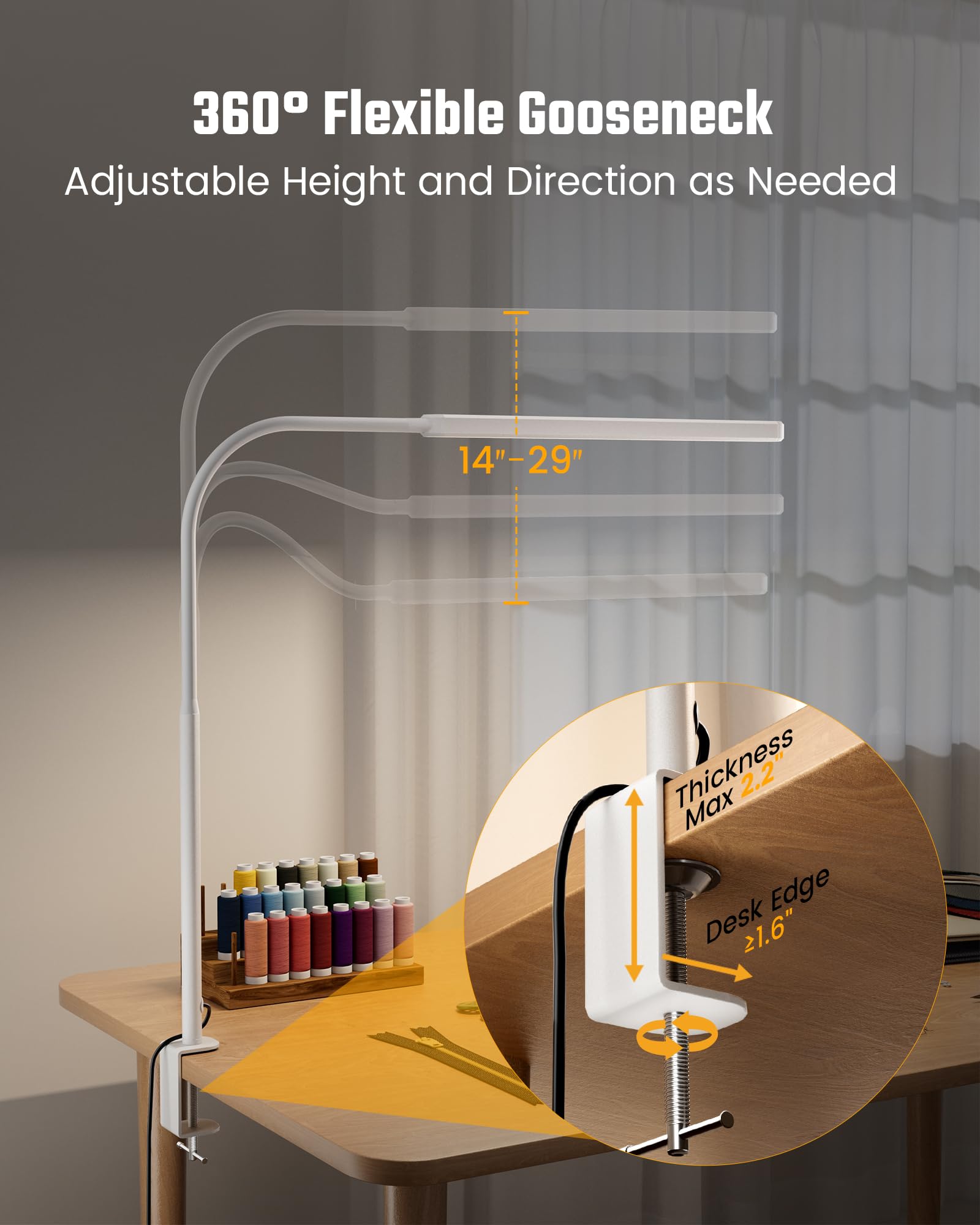 SUPERDANNY Eye-Caring LED Desk Lamp, 360° Flexible Gooseneck, Touch Control, Clamp Mount, Aluminum, White, Model SDDL04