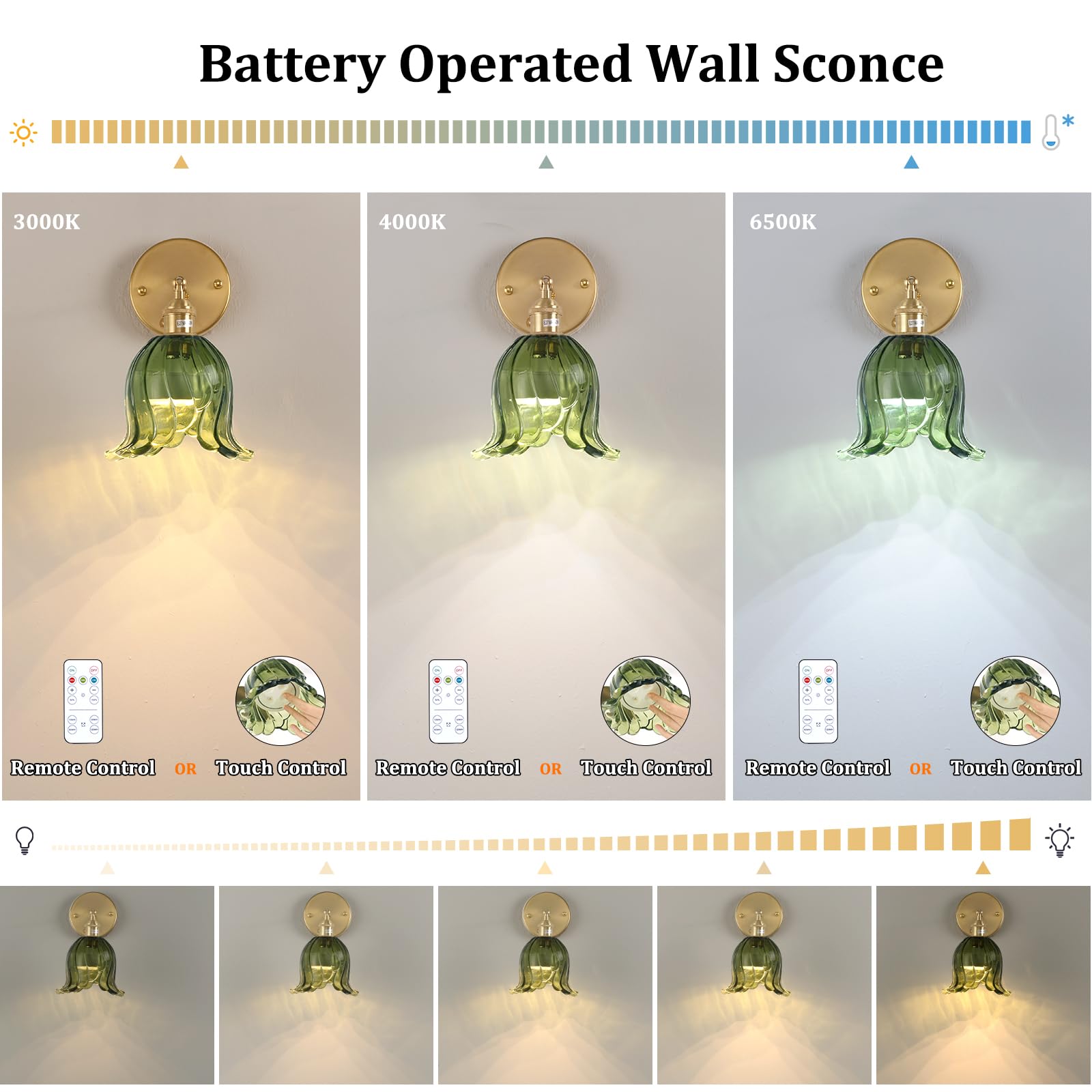 Shenmoyl Vintage Battery Operated Wall Sconces Set of Two, LED Light, Wireless, Dimmable, Glass, Green Lily, 1-94966-sconc