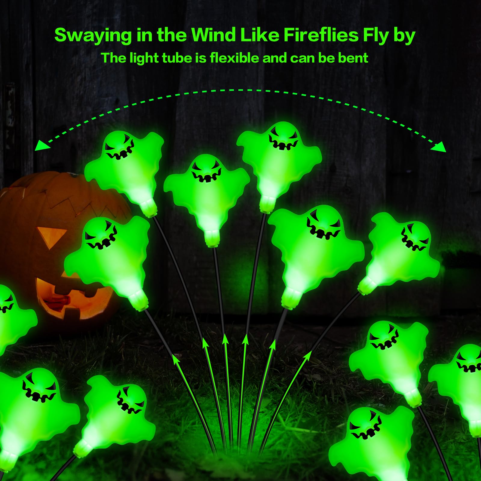 Betrihyes Outdoor Halloween Decorations Solar Garden Ghost Lights,2Packs 12Led Halloween Lights Swaying Firefly With Magic Ghost Decor,Solar Halloween Path Lights For Yard/Lawn/Porch/Ghost Decor
