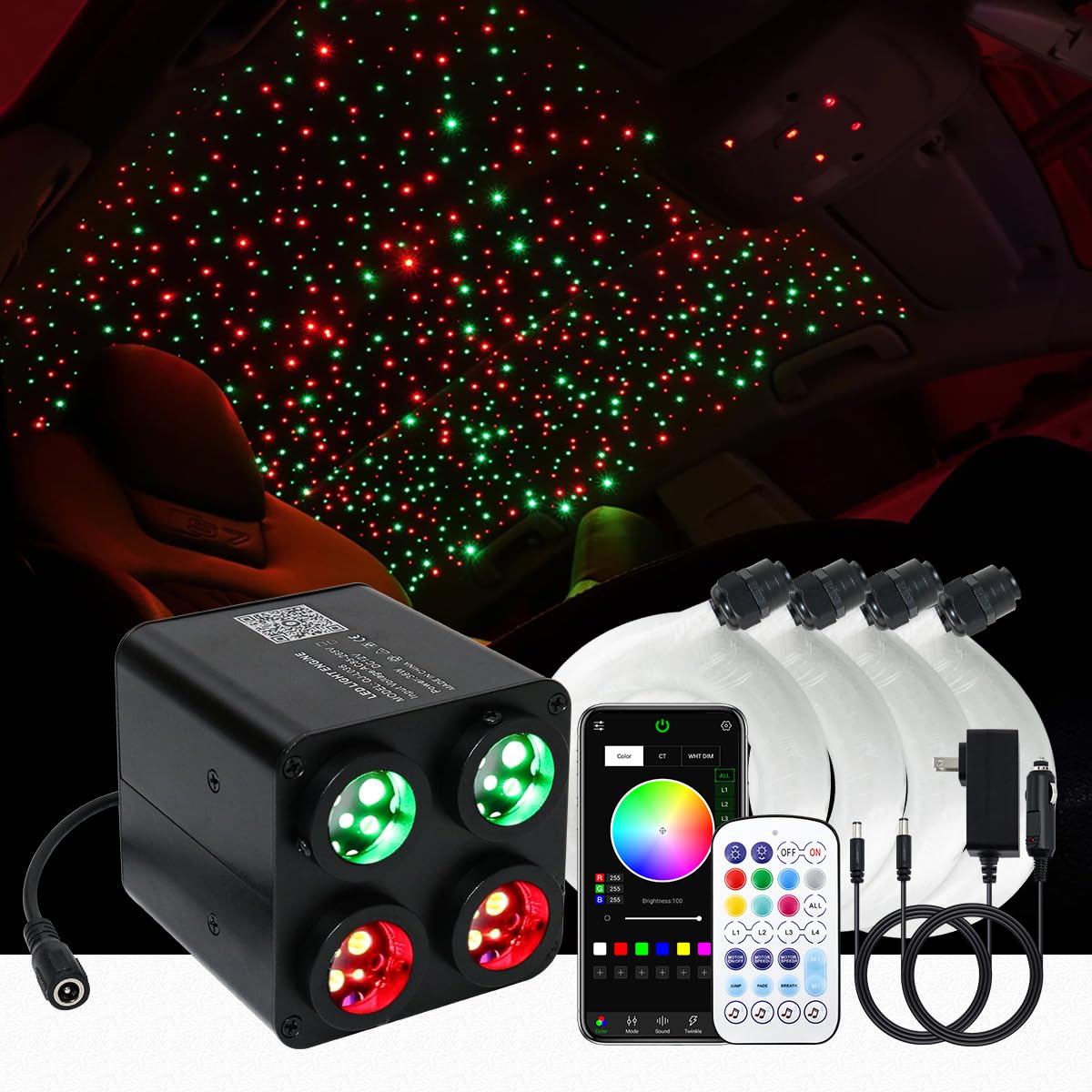 AKEPO 4 Colors 36W Twinkle Starlight Headliner Kit with Bluetooth APP+Remote Control, 9.8ft Total 800pcs*0.75mm/0.03in Optical F