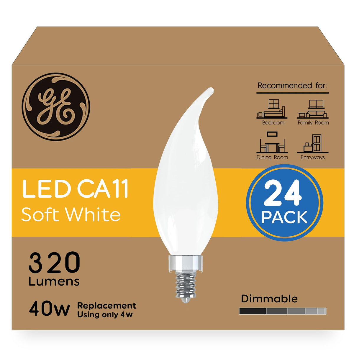 Ge Relax Hd Led Ca11 Decorative Light Bulbs - Frosted Soft White, Dimmable, E12 Candelabra Base, 40-Watt Equivalent (24 Pack)