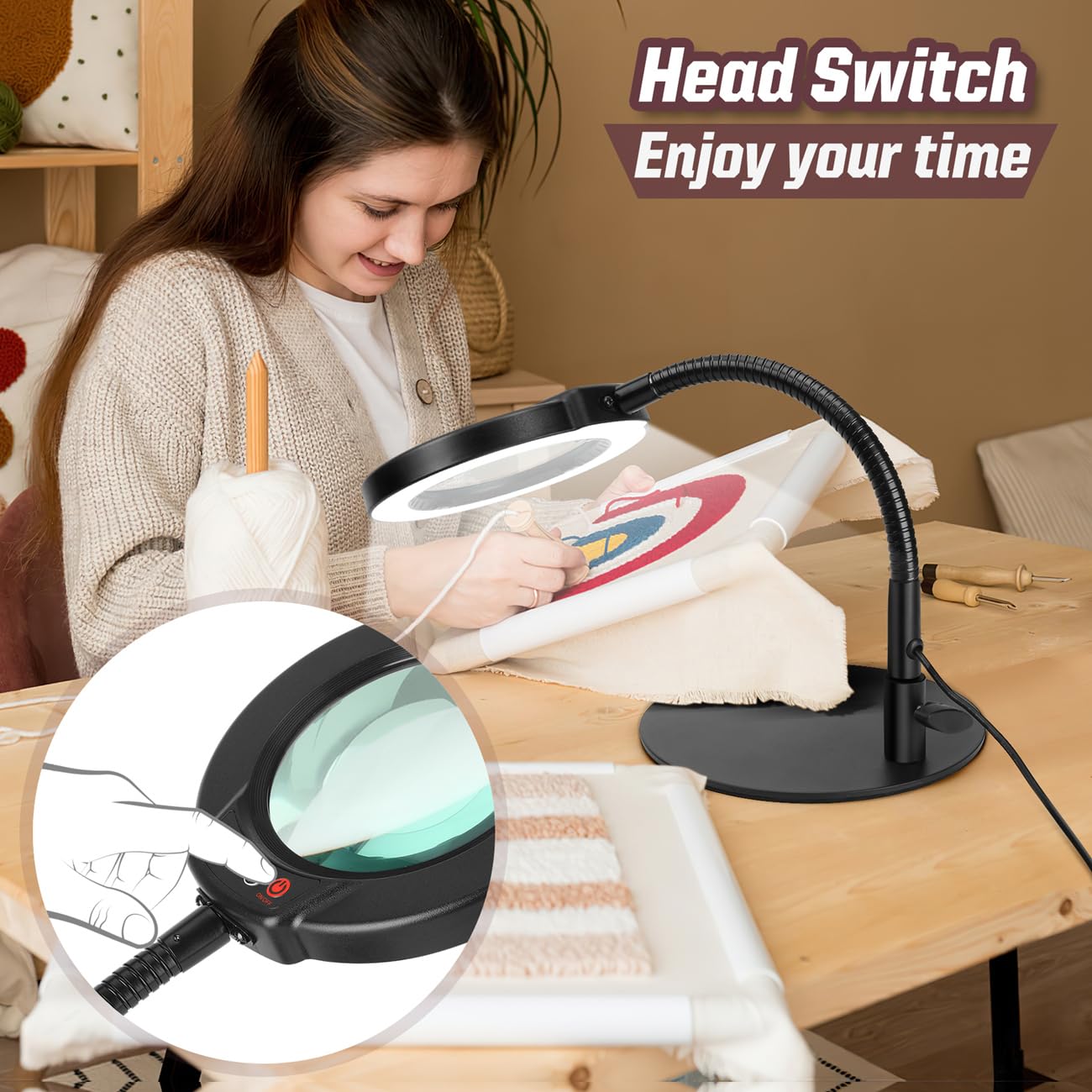 Krstlv 10X Magnifying Glass with Light, 5 Color Modes, Dimmable LED Desk Lamp, Hands-Free Gooseneck Magnifier for Craft & Sewing, Black