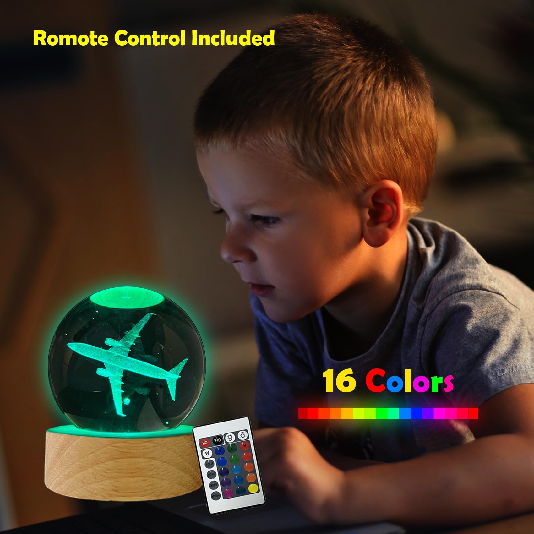 3D Airplane Crystal Ball Night Light, Remote Control With 16 Colors Change,Plane Decor For Men Boy Kids Room(2.4 Inch)