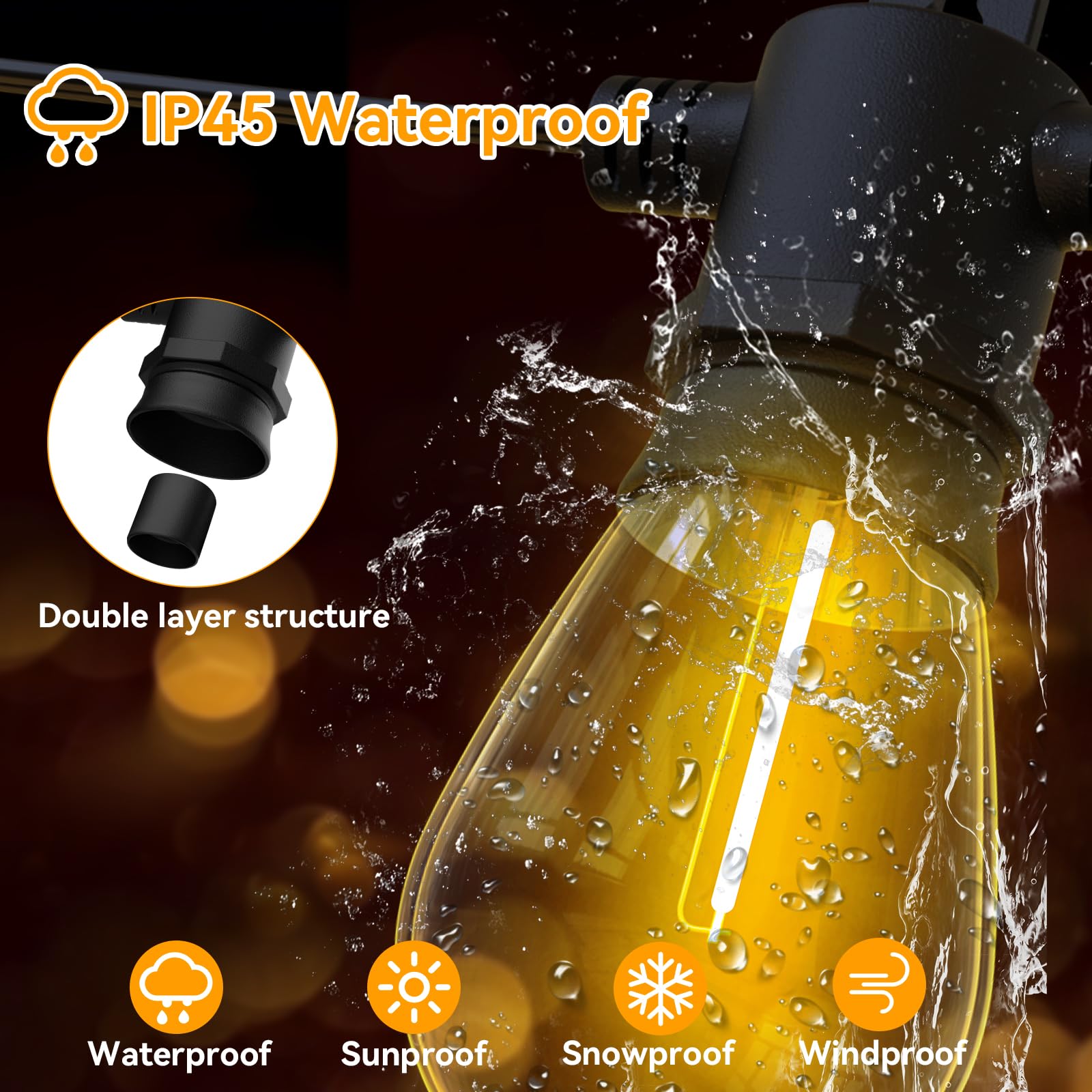 Aialun 51ft LED Outdoor String Lights, Waterproof with 16 S14 Shatterproof Bulbs, Black 2200K, Model USS14-51FT15LEDP1#2
