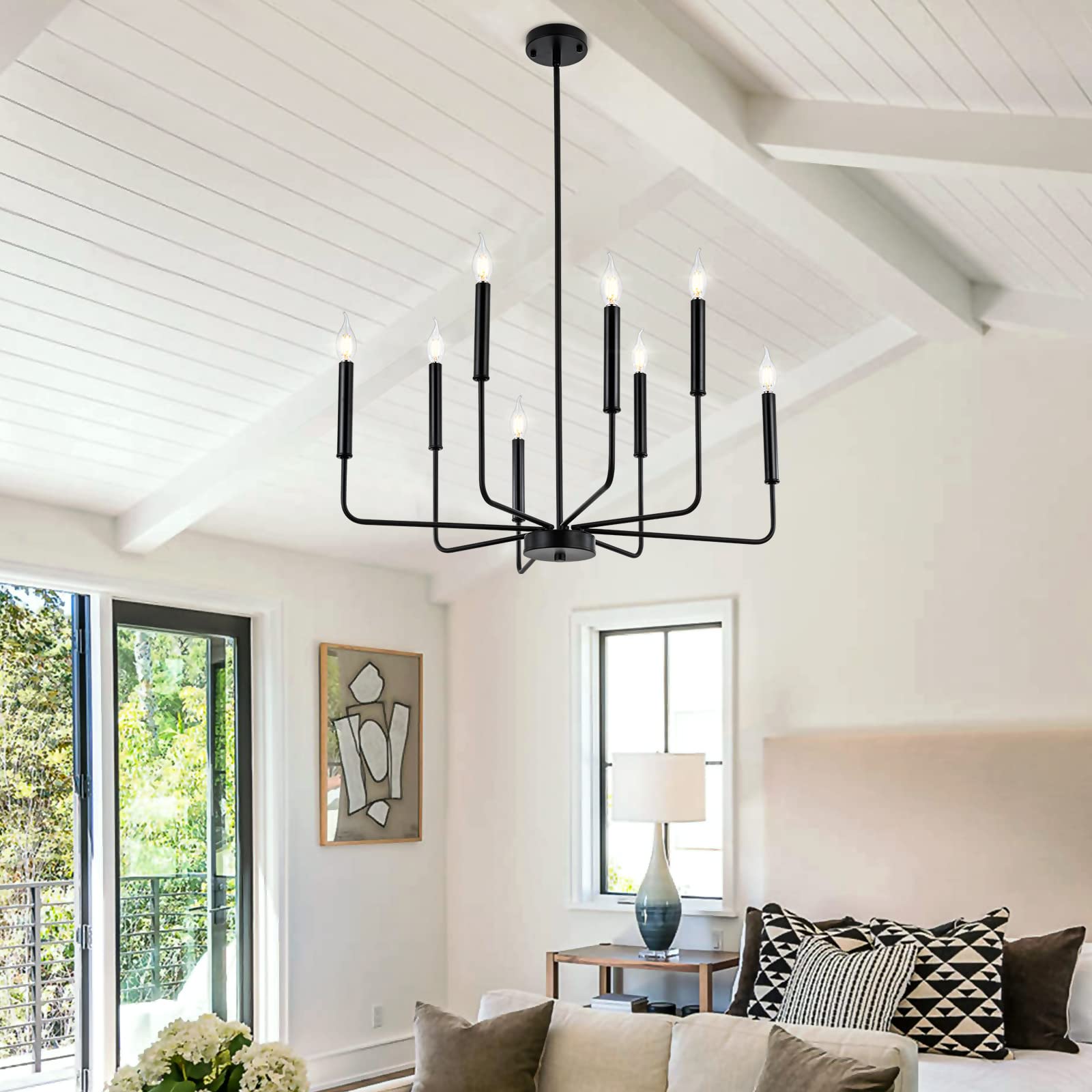 Woknos Modern Black Farmhouse Chandeliers, 8-Light Industrial Metal Chandelier Lighting, Classic Candle Hanging Pendant Light Fi