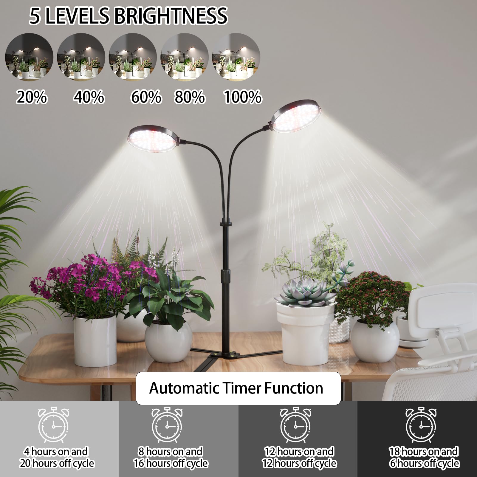 Grow Lights For Indoor Plant, 6000K Full Spectrum Plant Lights For Indoor Growing, 3.5'' Led Dual Ring Grow Light, Height Extendable 9-16'', Auto On Off Timing 4/8/12/18Hrs (Black)