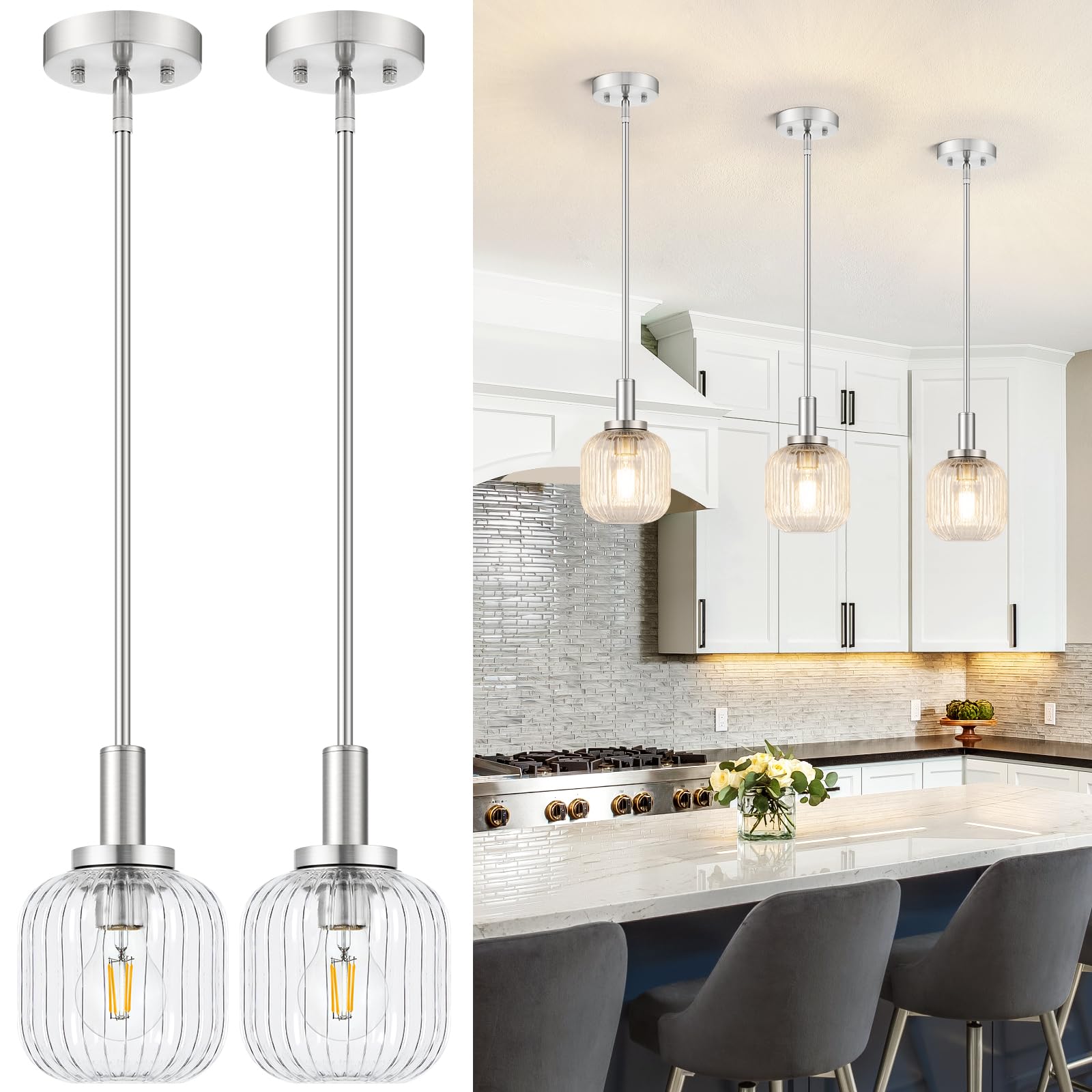 Osimir Brushed Nickel Pendant Lights Kitchen Island 2 Pack  5.9 Modern Glass Pendant Light with Clear Glass and Rods  Mini Hanging Lighting for Kitchen Sink Bathroom Bedroom  OS-YQ7749-2PBN
