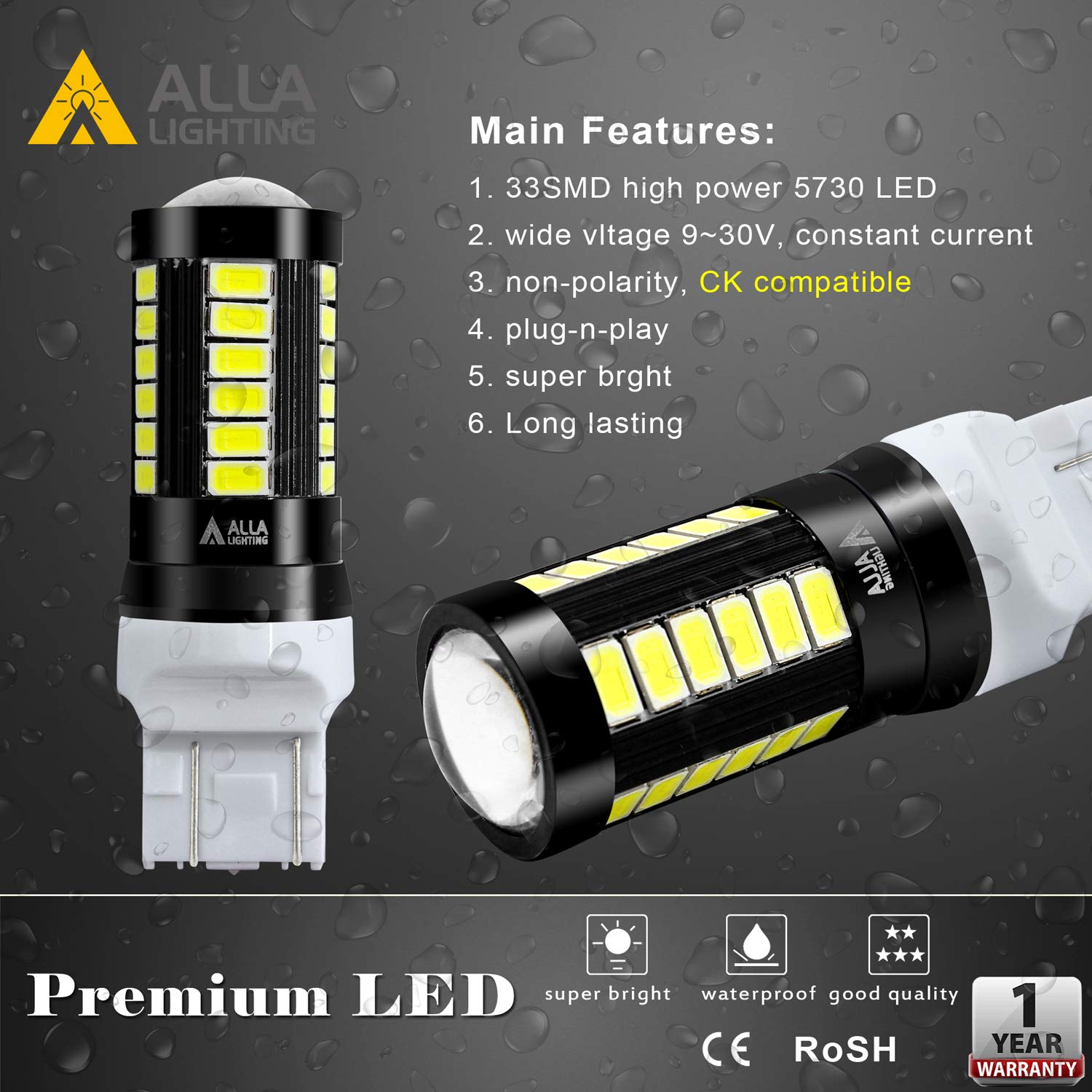 Alla Lighting 7443 T20 2800lm LED Bulbs, 6000K Xenon White, Super Bright Reverse/Signal/Brake Tail Lights, 12V 5730 33