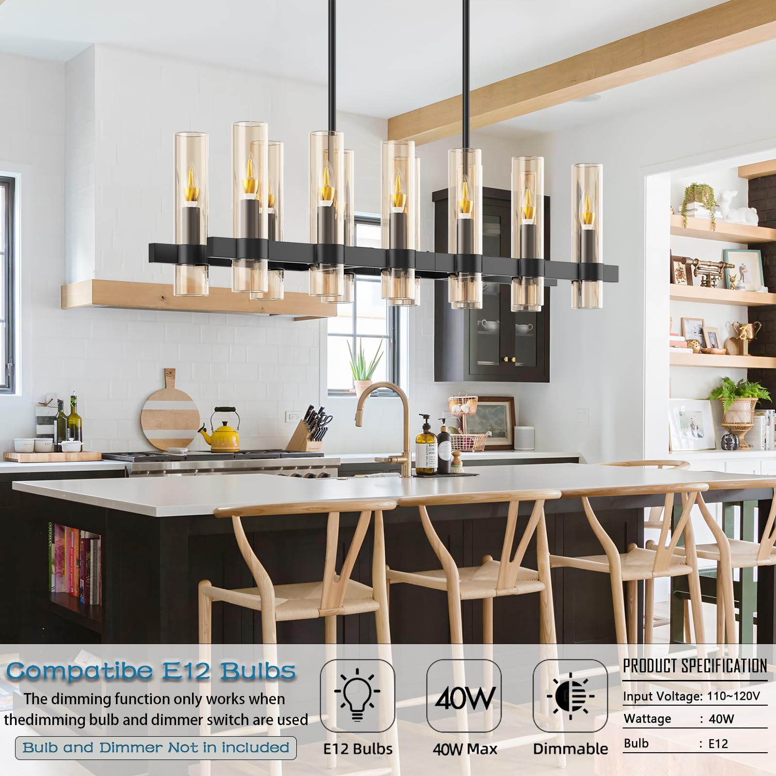 JKLX Modern Black Rectangle Chandelier, 12 Lights, Amber Glass, 48” Adjustable Height, Large Dining Room Light Fixture