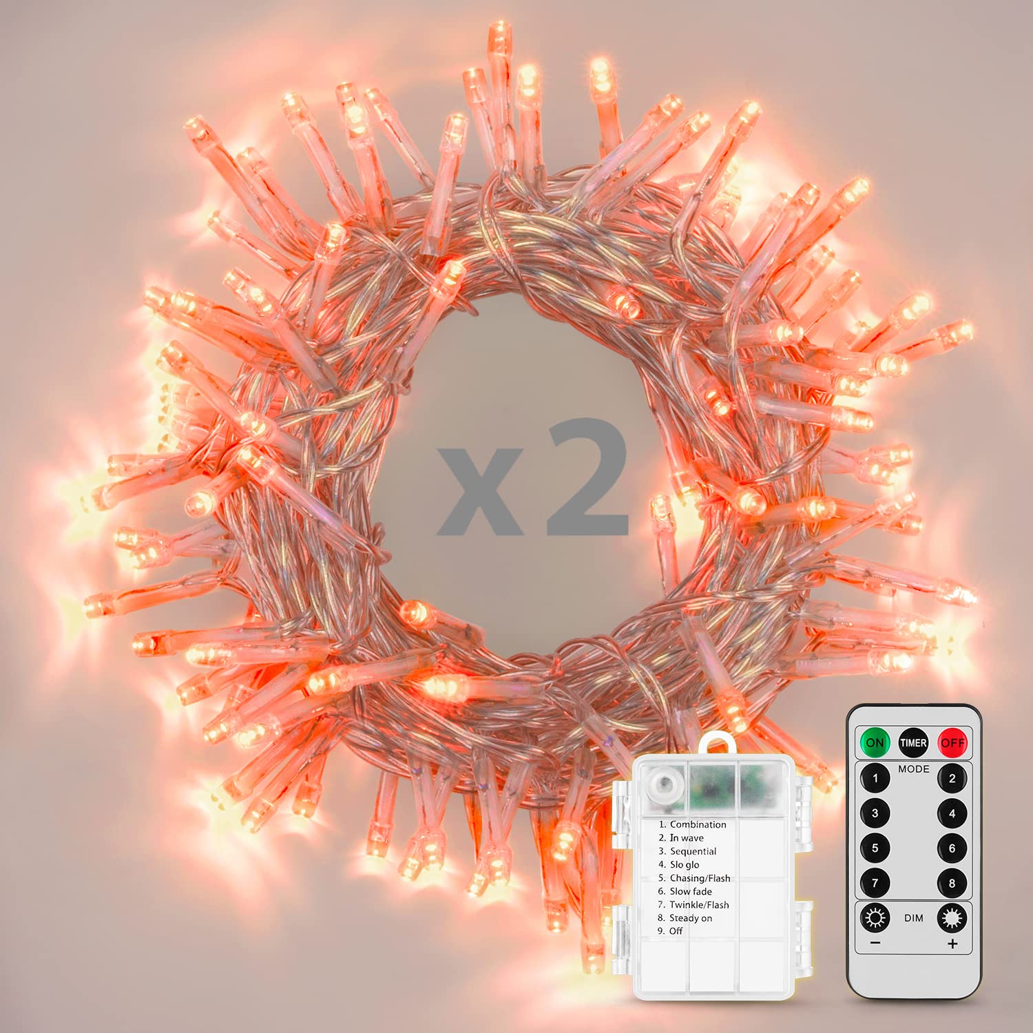 Koxly String Lights, Battery Operated, Waterproof, 8 Modes, 2 Pack, Orange, 36 ft for Indoor Outdoor Decorations