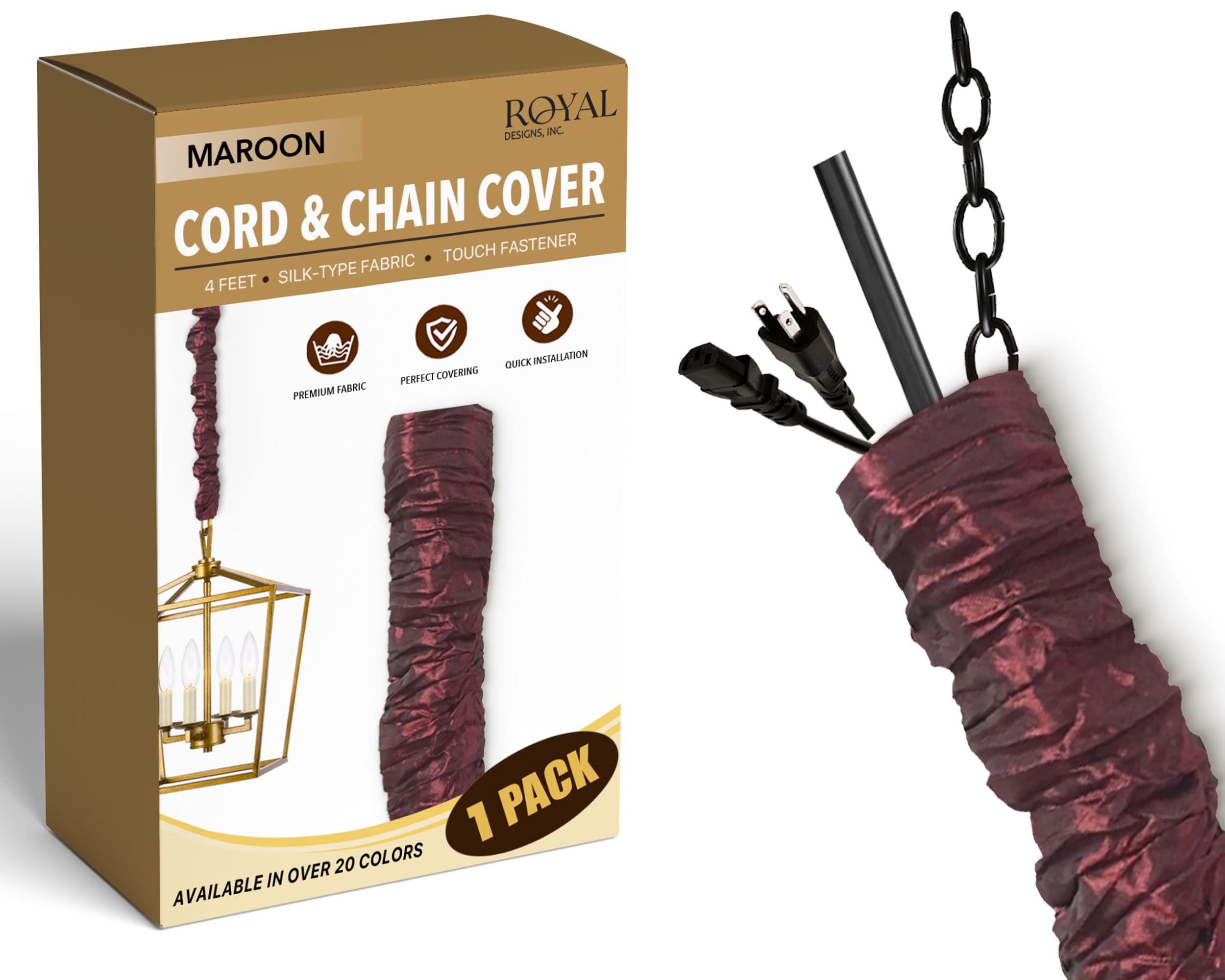 Royal Designs, Inc. CC-7-MA Maroon Cord & Chain Cover- 4 feet- Silk-type Fabric Touch Fastener - Use for Chandelier Lighting Wir