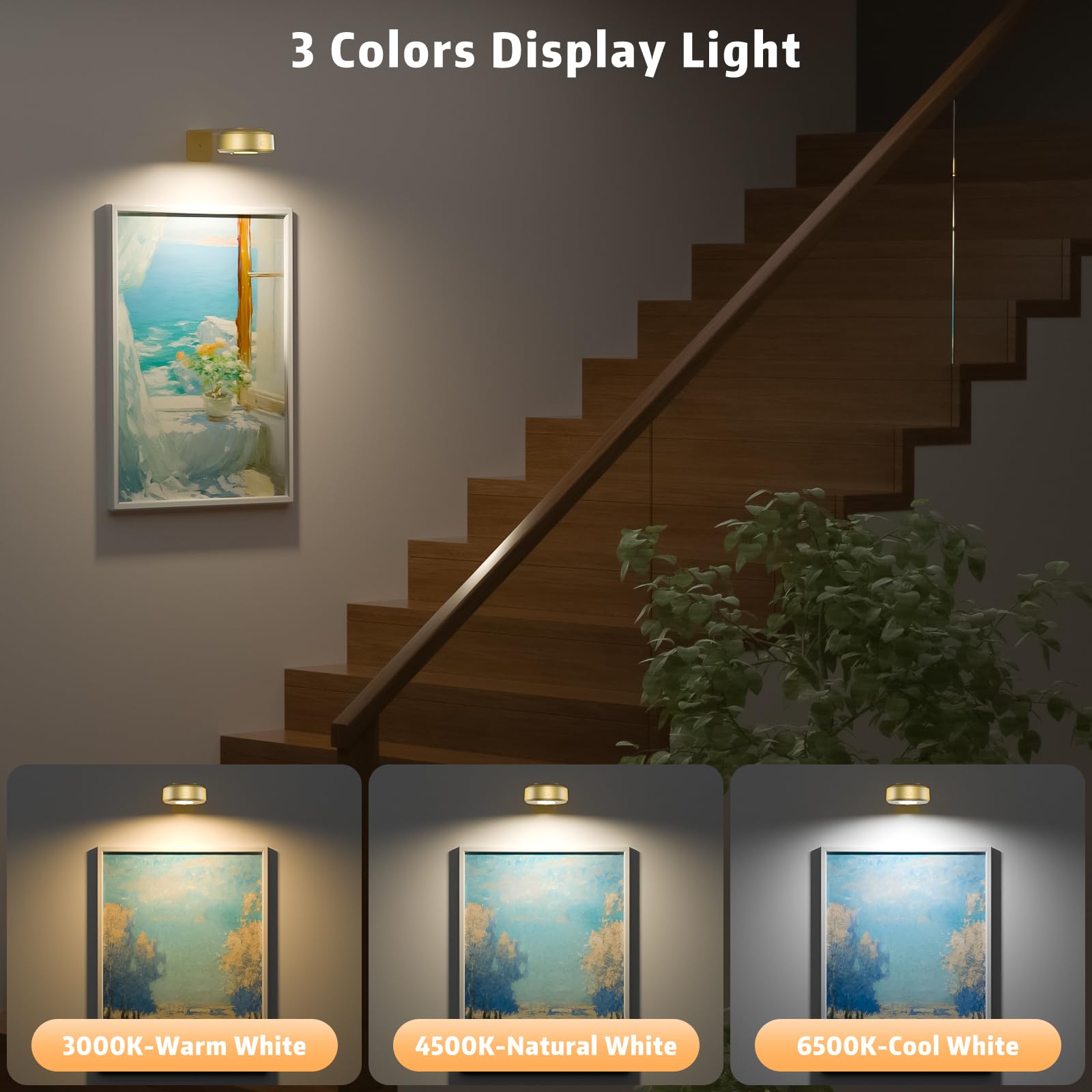 3Pcs Picture Lights With Remote, Wireless Rechargeable Battery Wall Light For Paintings, 3 Colors Paintings Light Dimmable And T