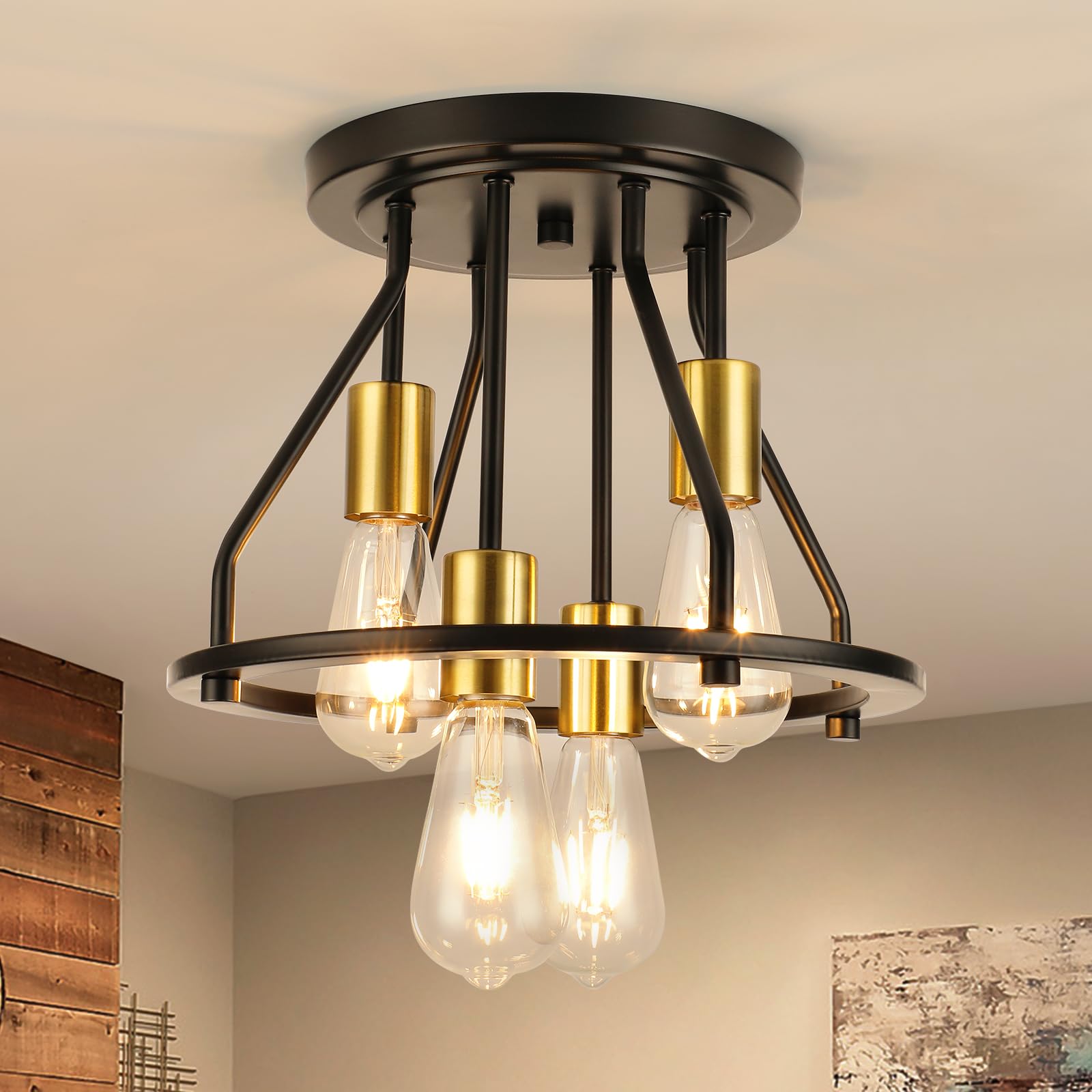 Wilon Semi Flush Mount Ceiling Light 4-Light Ceiling Light Fixtures - Black Gold Farmhouse Kitchen Light Industrial Hallway Ligh